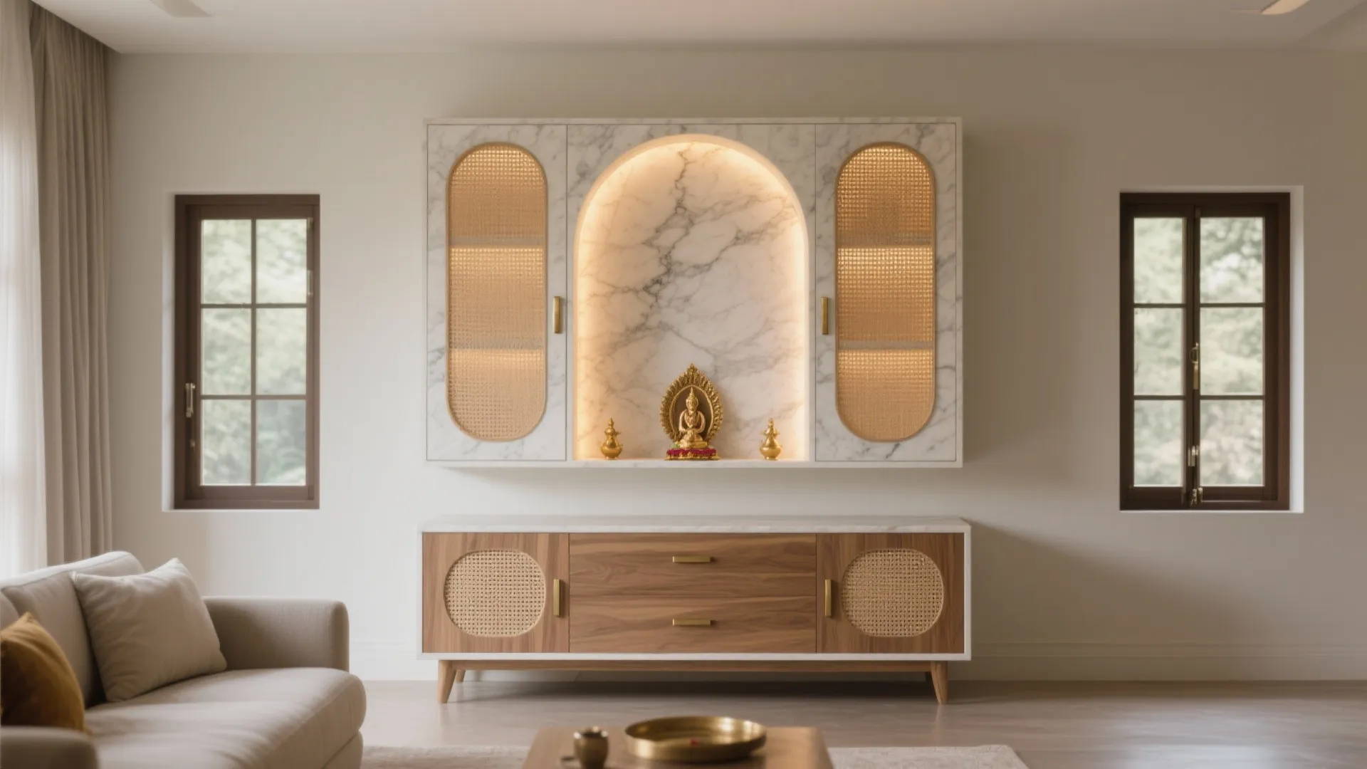 1) Wall-mounted mandir with closed storage