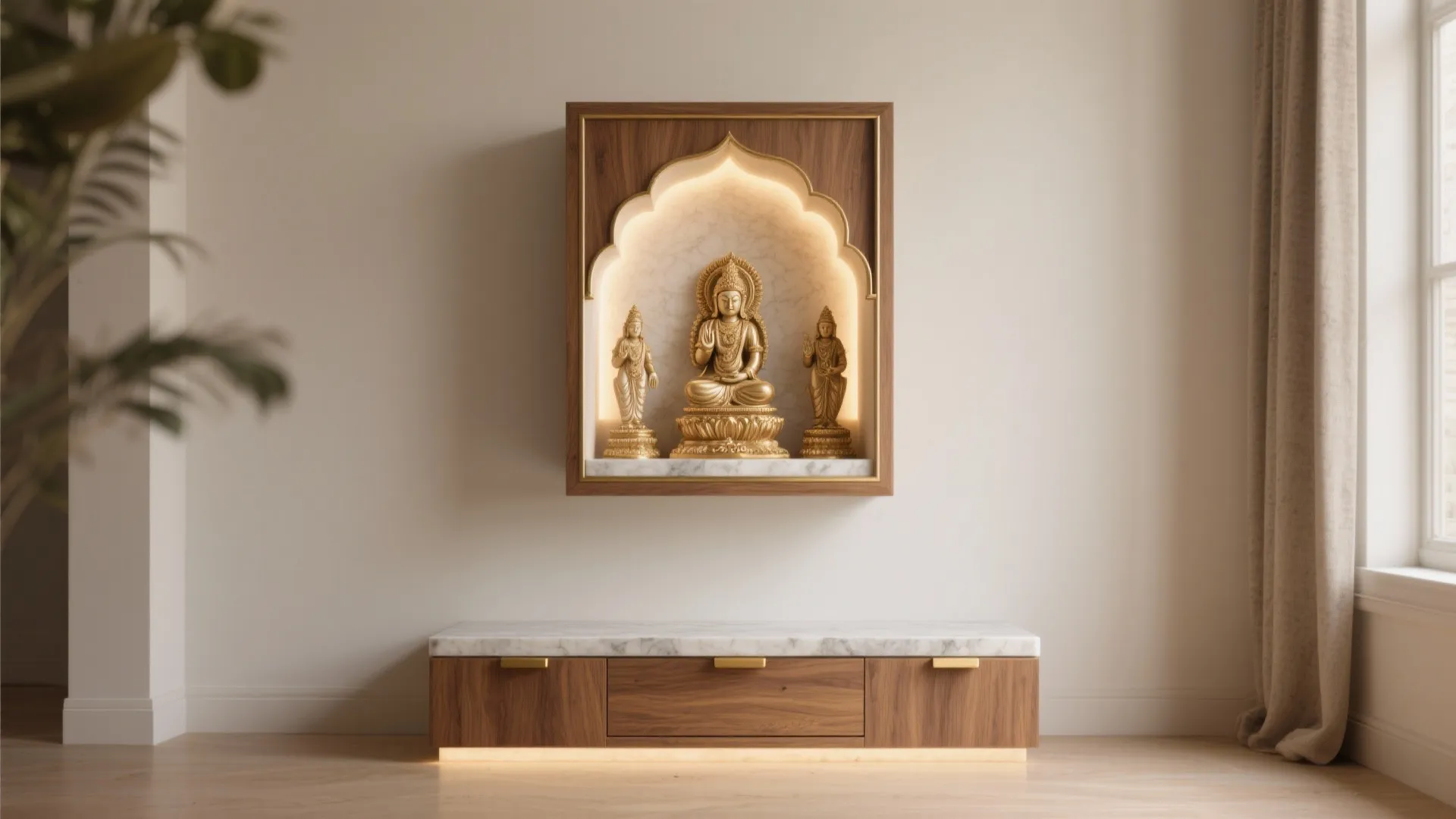 Golden statues inside a wall mounted wooden cabinet above a matching storage unit with marble