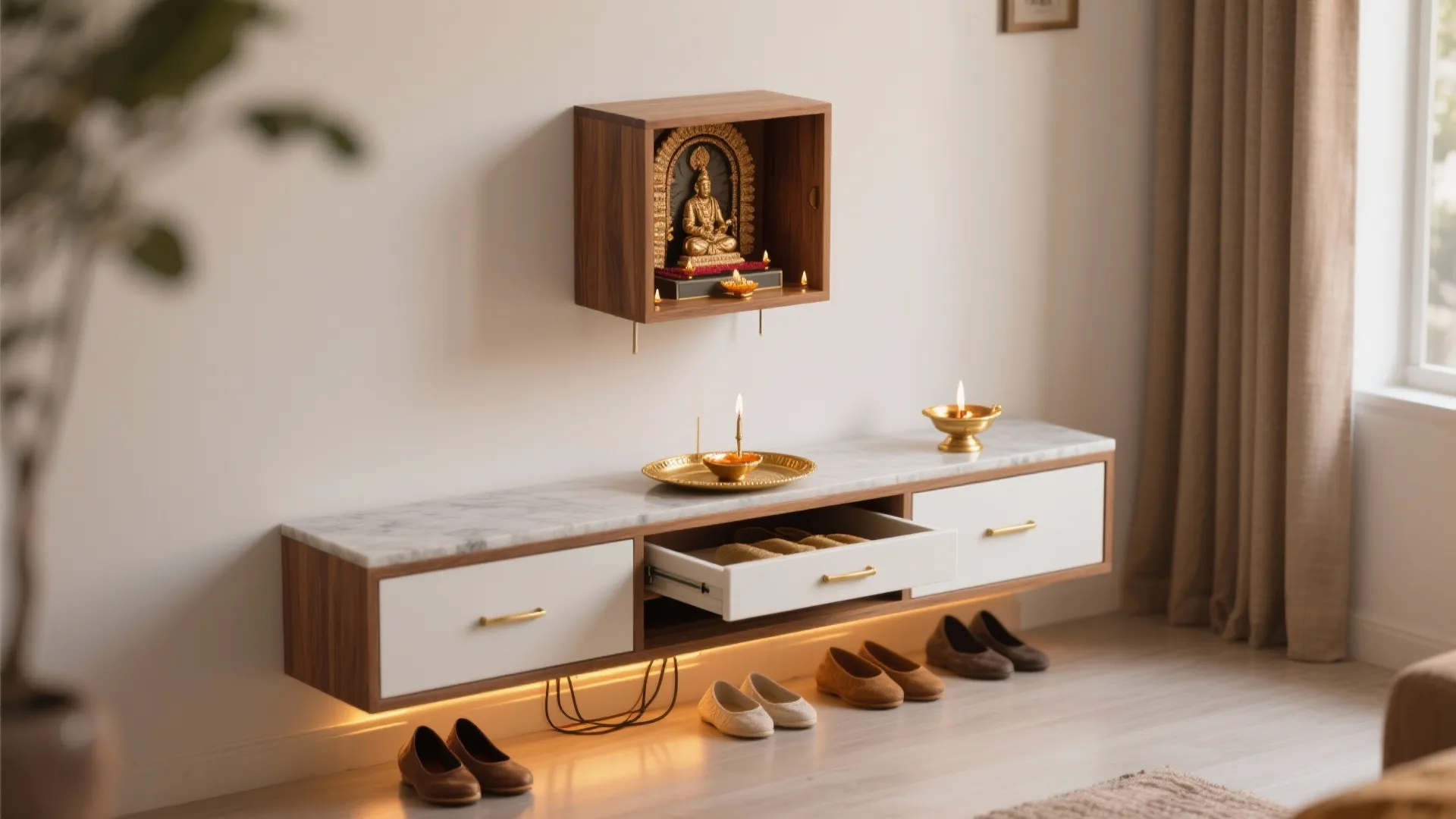 Floating wooden cabinet with white drawers and marble top used for storing shoes and prayer