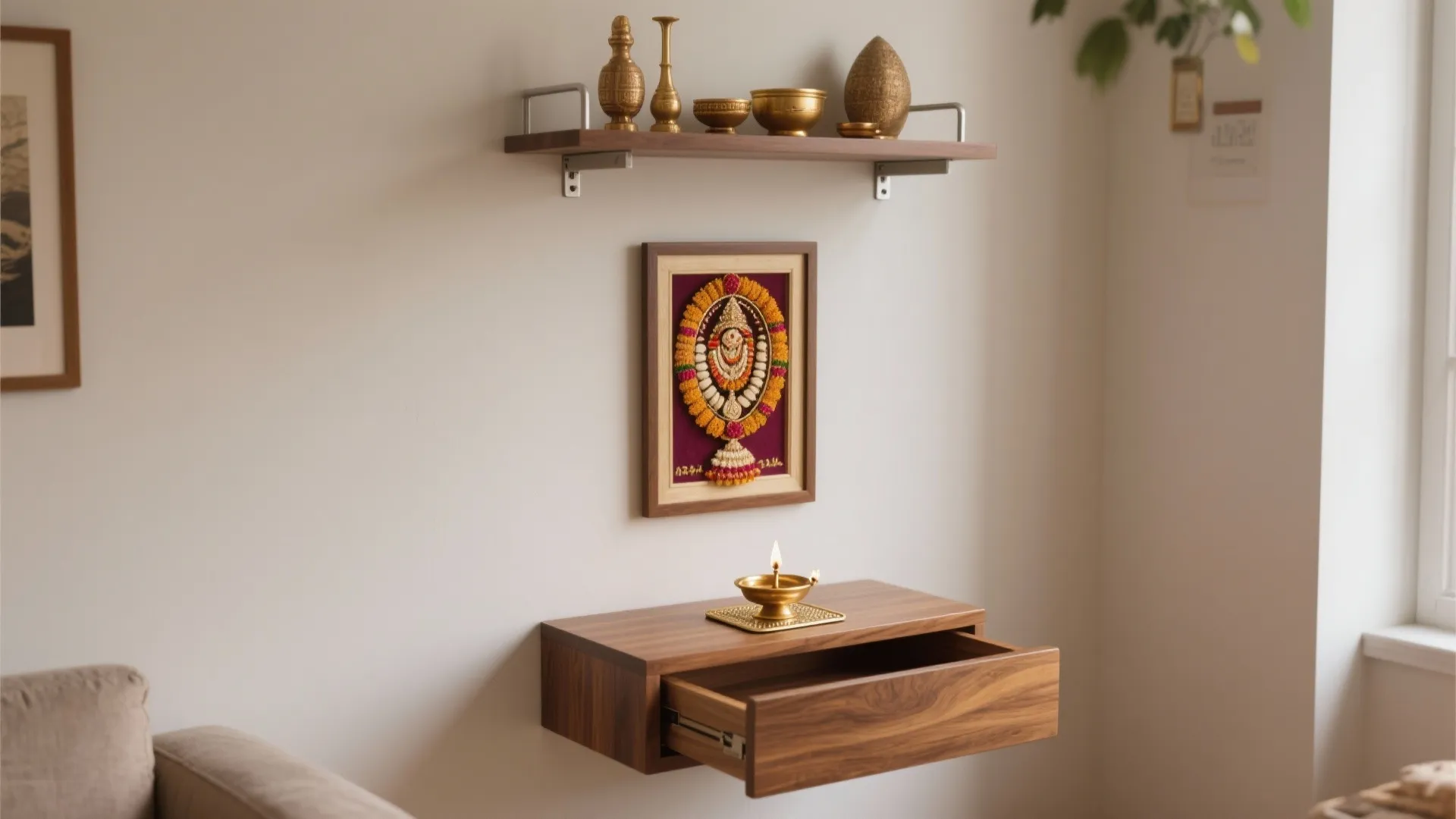 Wall mounted wooden cabinet with open drawer small lamp framed picture and a wooden shelf