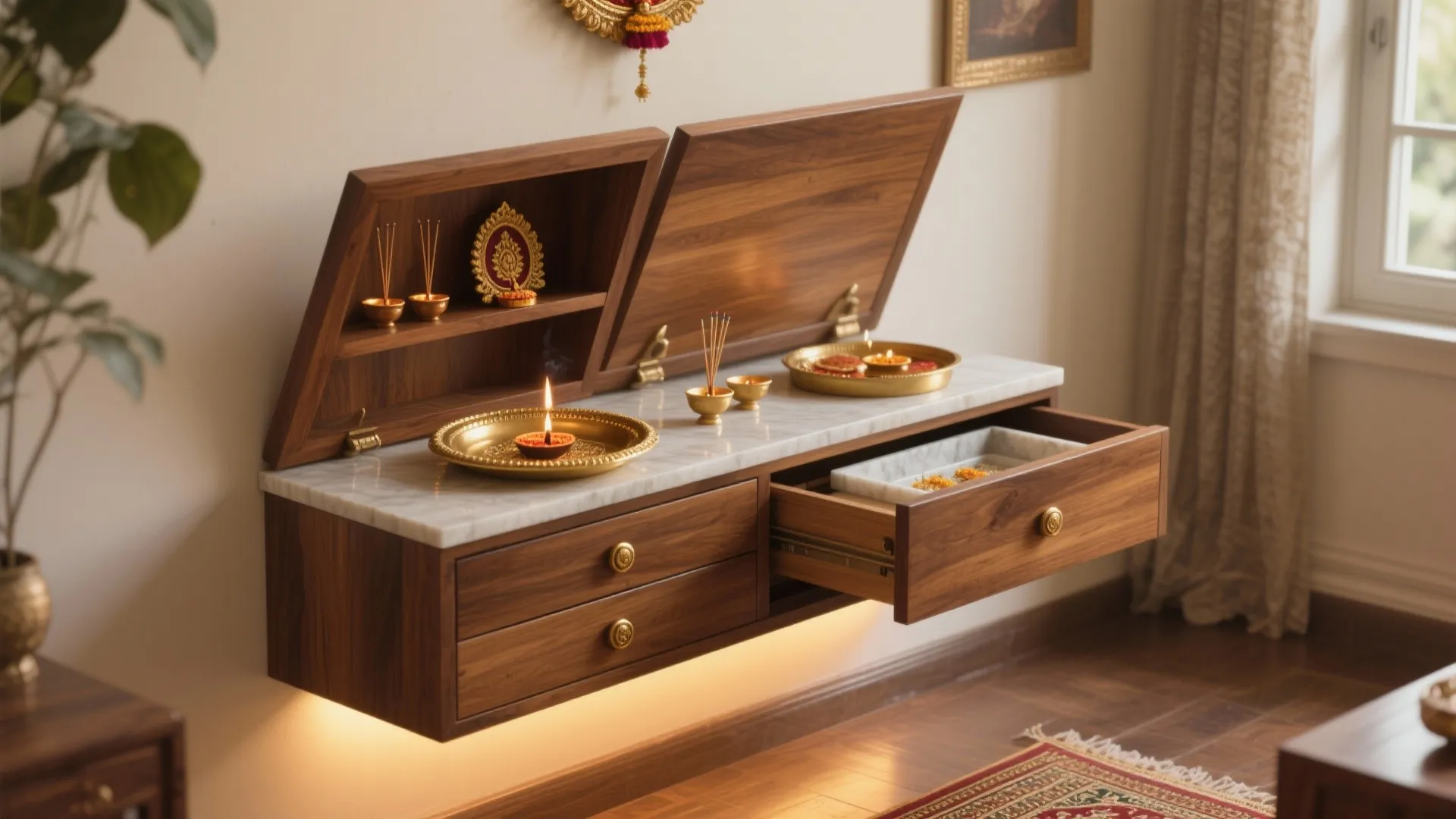 Wall-mounted Mandir with Hidden Storage