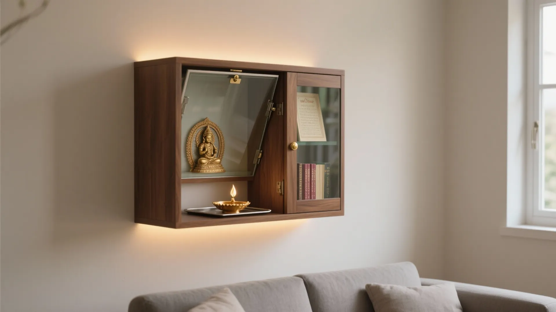 Wooden wall cabinet with a golden statue and a small lit lamp on a wall