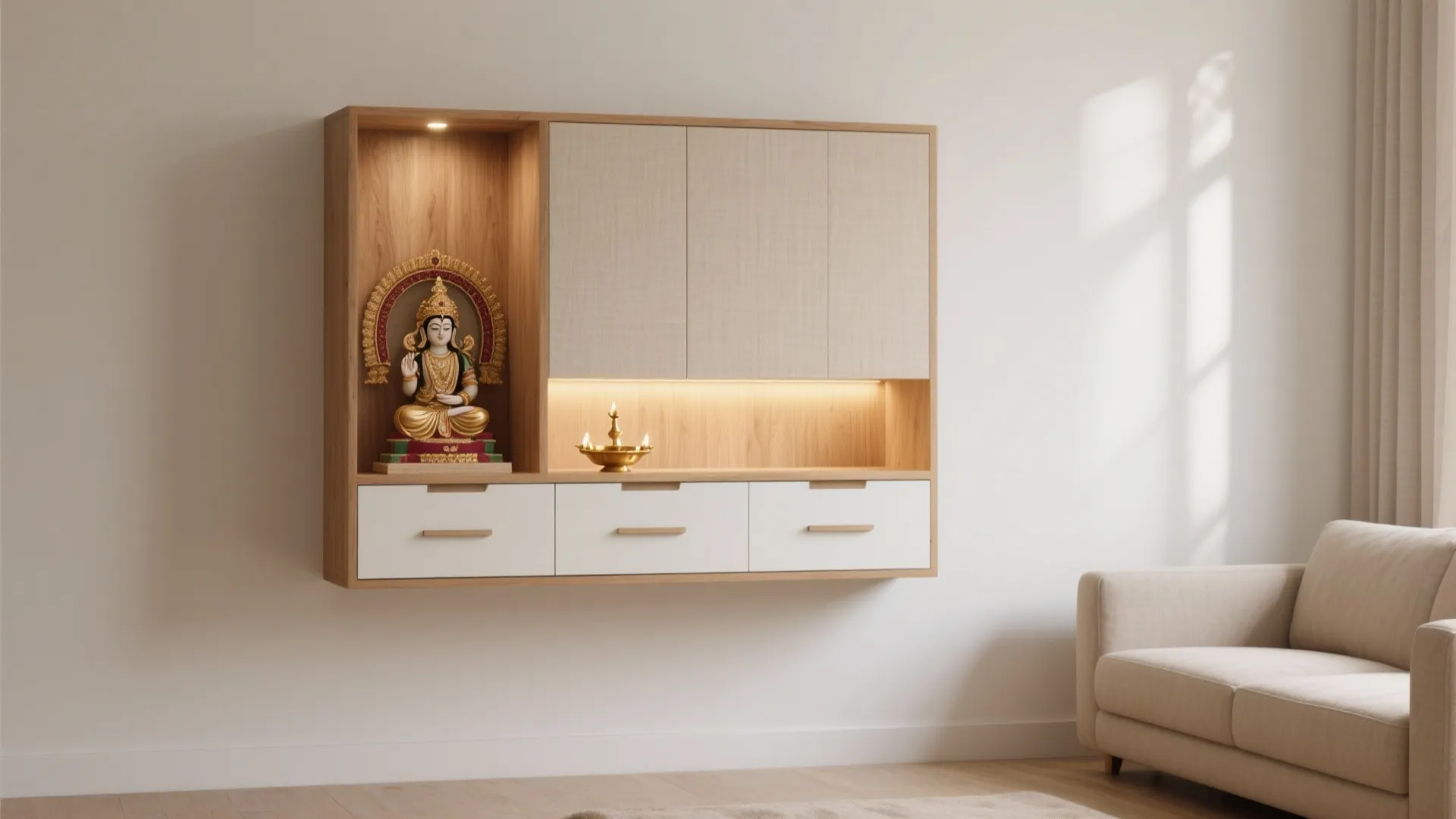 Modern wooden wall cabinet with white drawers and a small statue in a lighted shelf