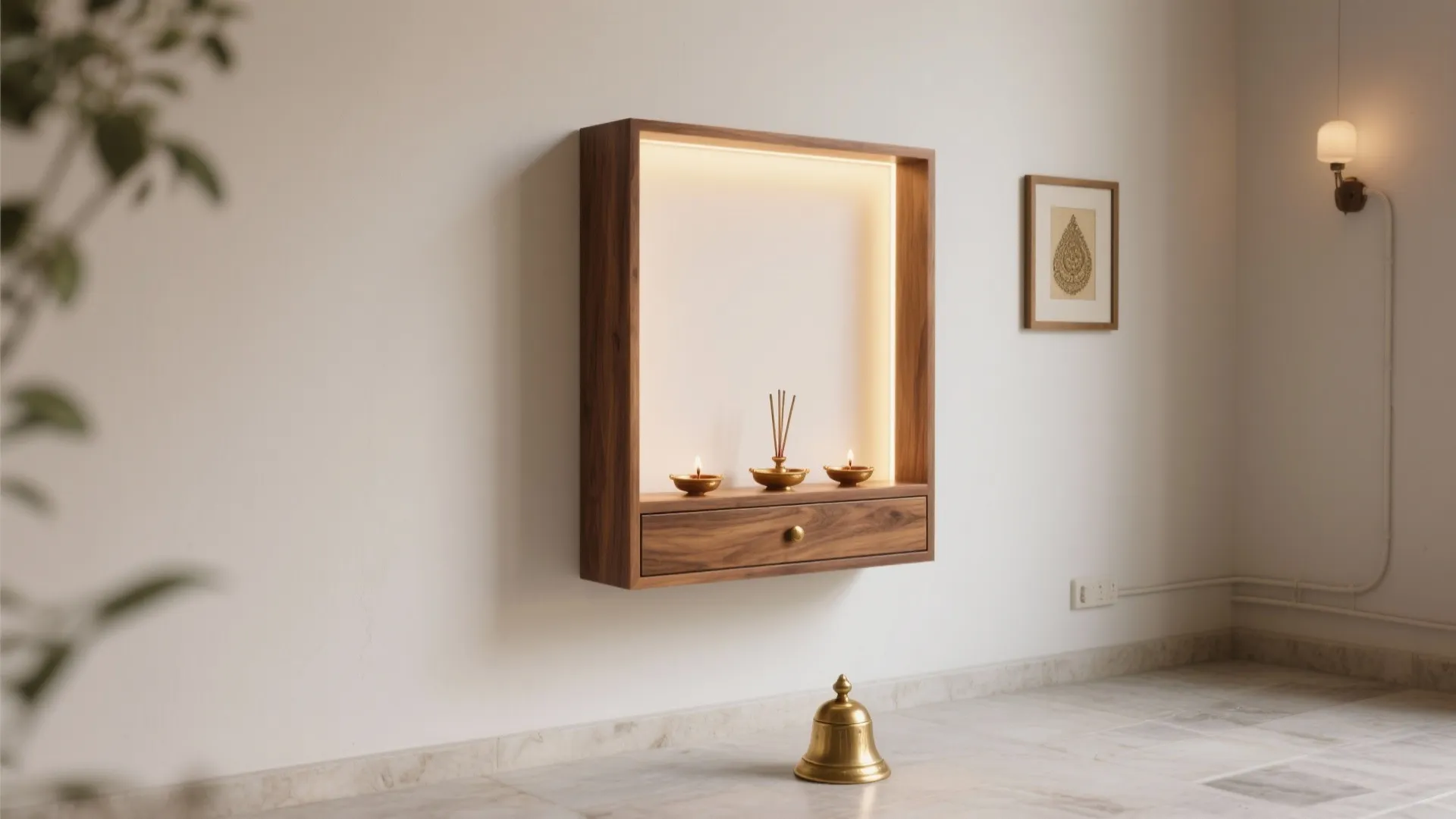 Minimal Wall-Mounted Mandir with Hidden Storage