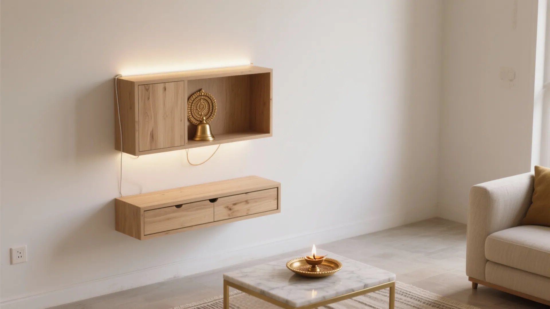 Minimal wall-mounted mandir with hidden storage
