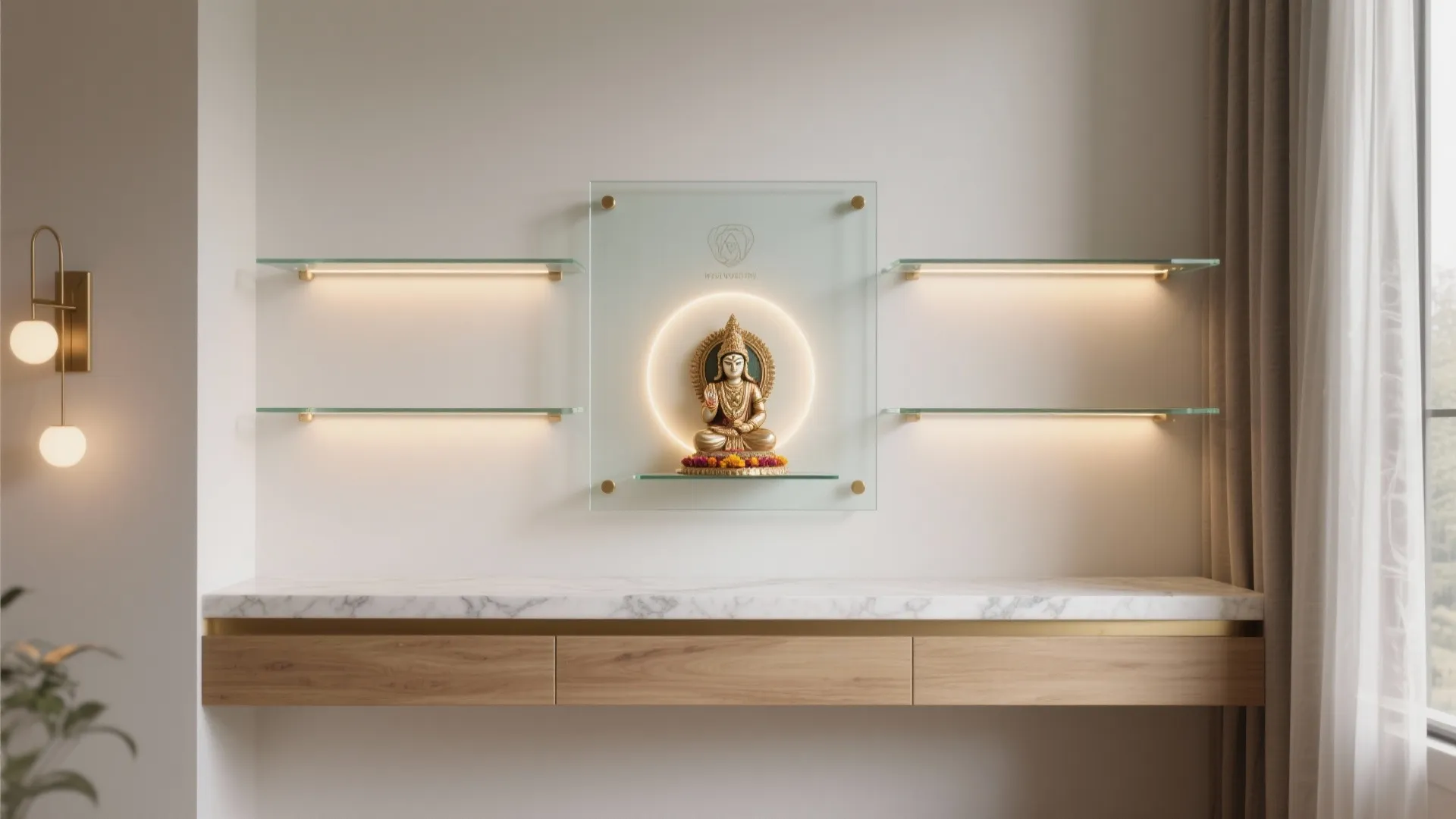 Minimal wall-mounted glass mandir with backlit panel
