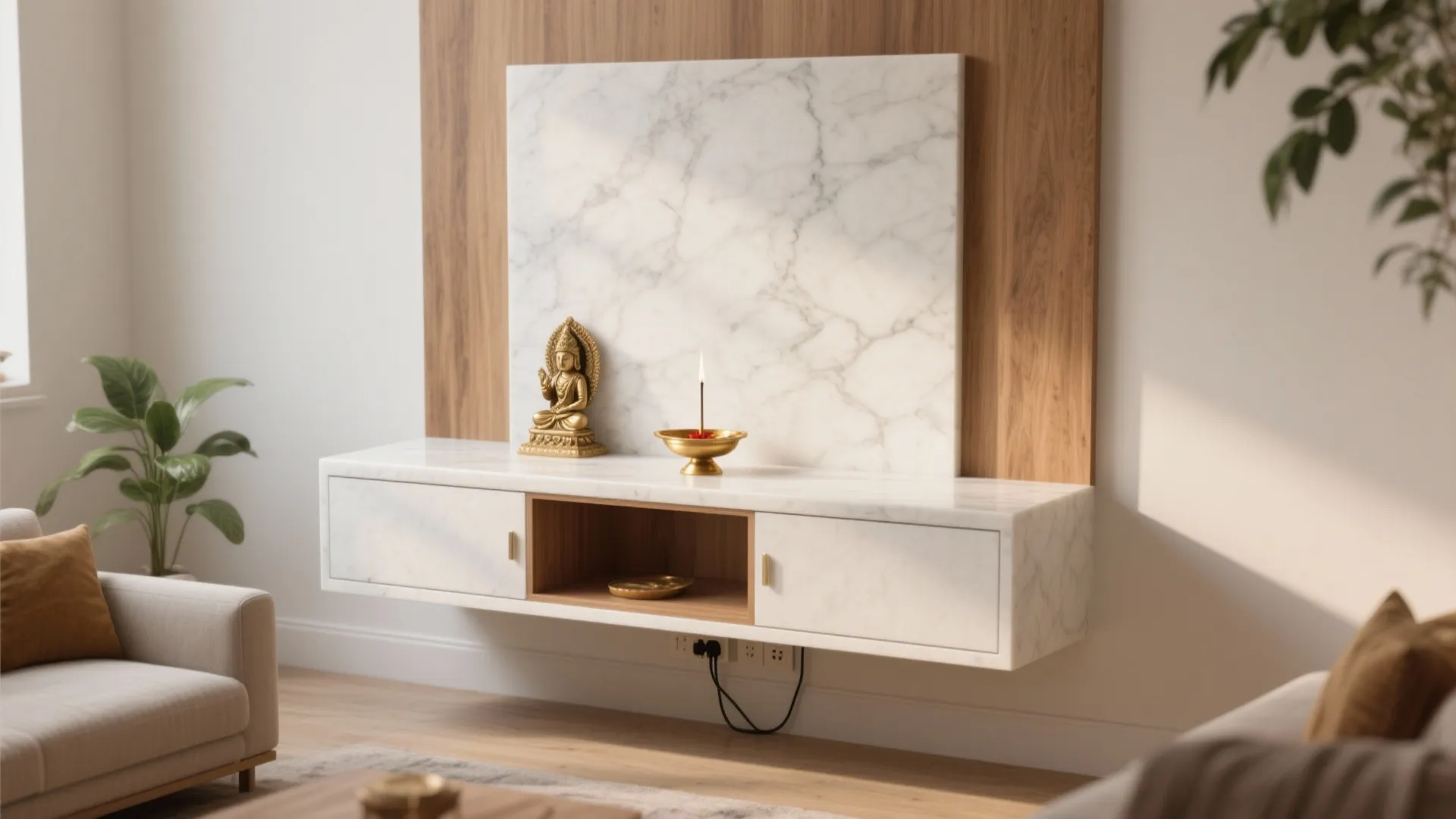 Minimalist Wall-Mounted Mandir With Concealed Storage