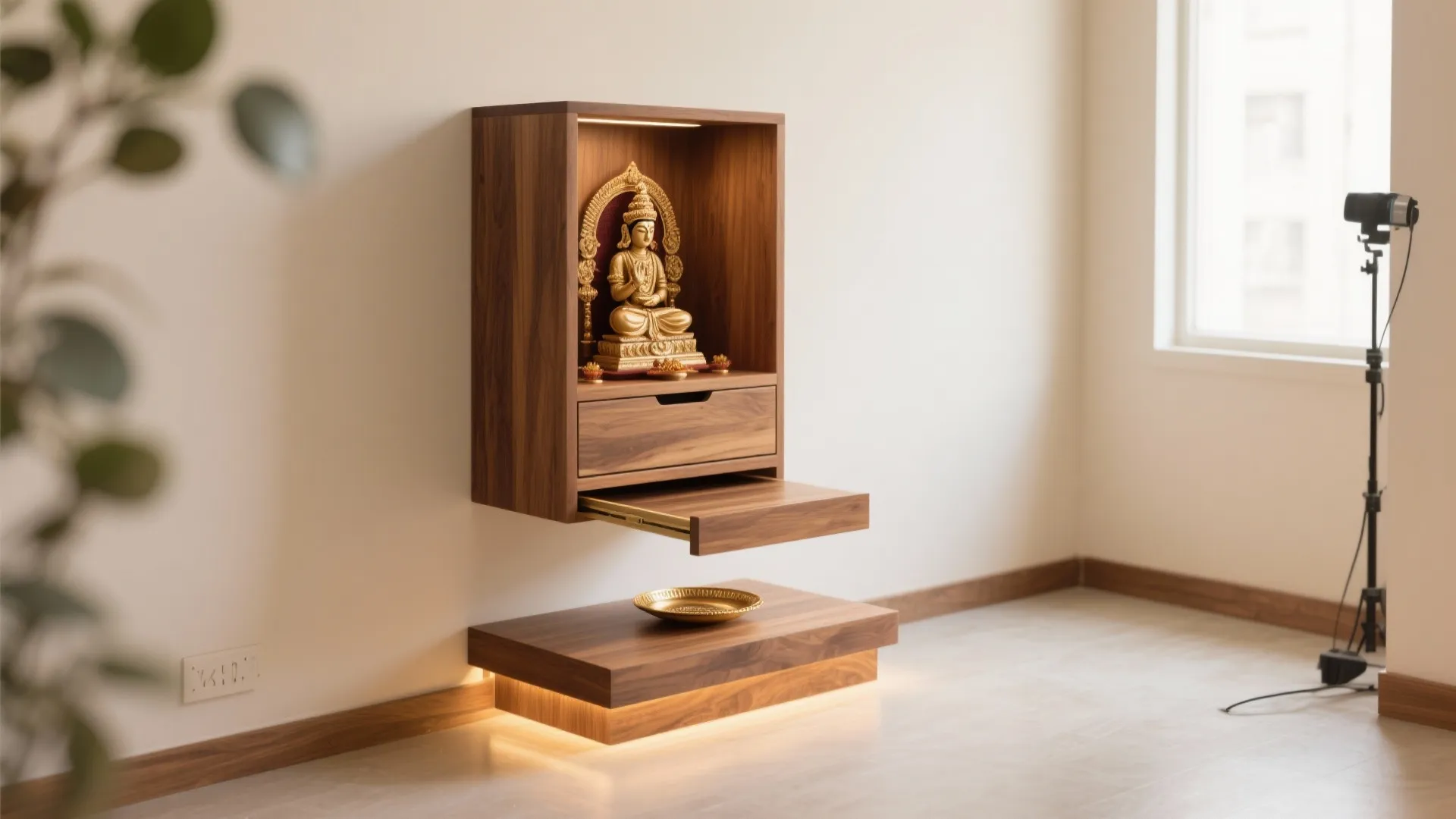 Wall-Mounted Wooden Mandir with Concealed Storage