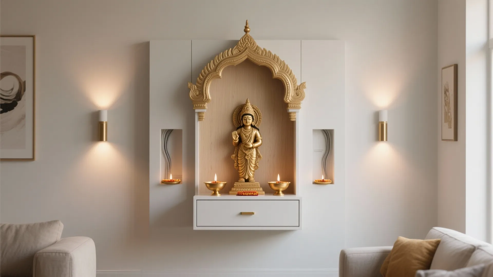 Compact Wall-Mounted Mandir with Gopuram Crown