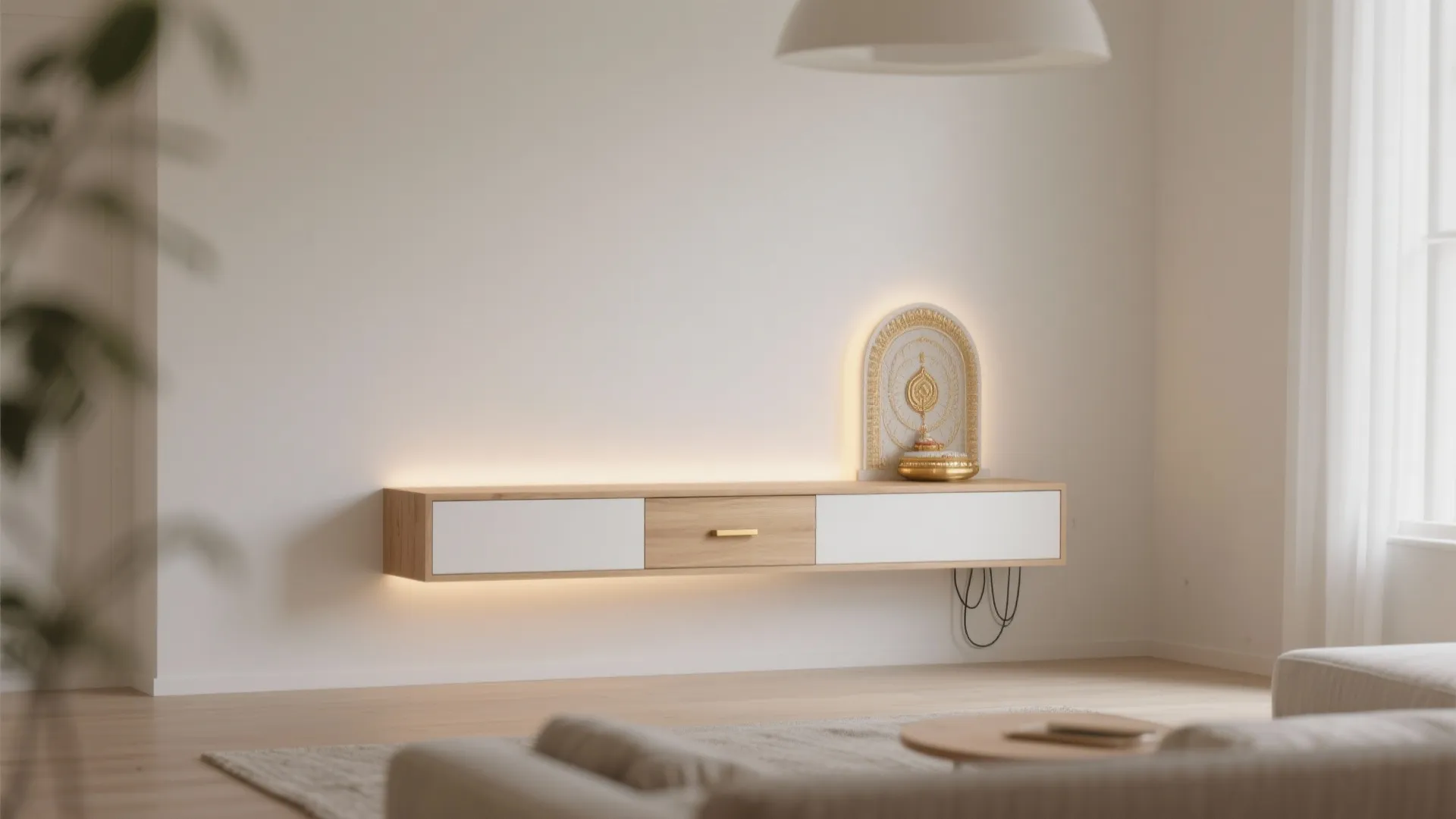 Minimal wall-mounted mandir with concealed storage