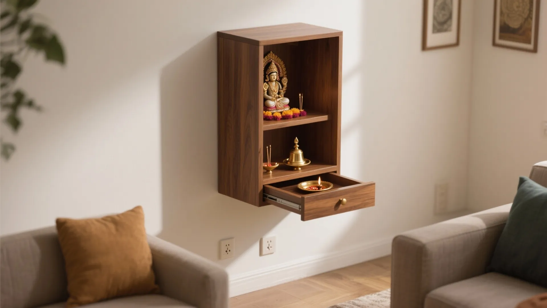 Wall-Mounted Mandir With Hidden Storage