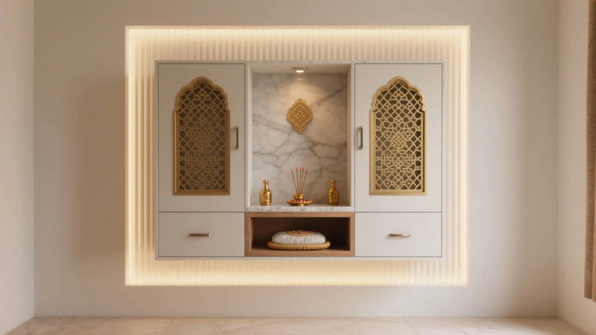 Modern white wall cabinet with golden patterns marble background incense sticks and hidden warm yellow lighting