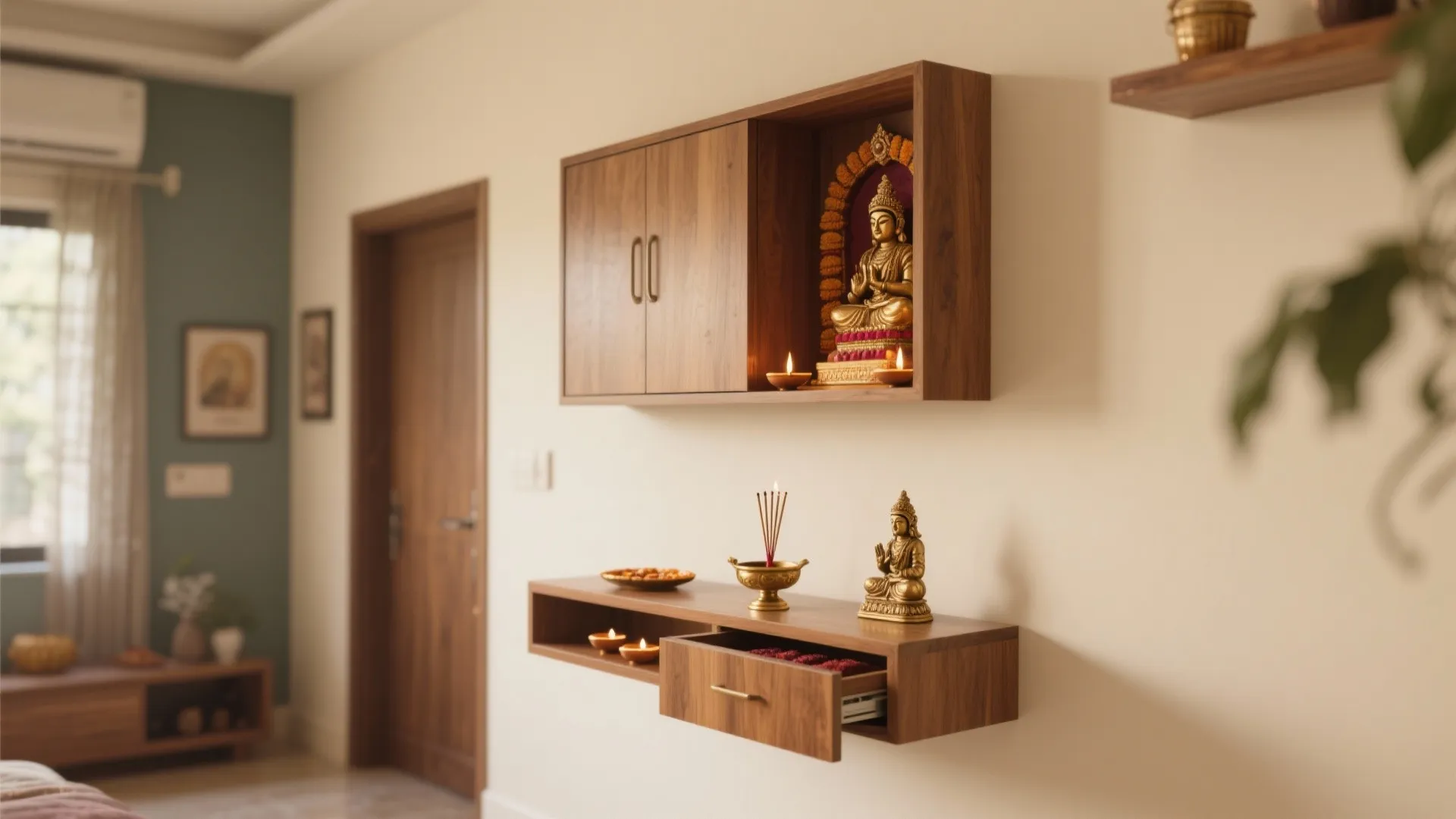 Modern wooden wall cabinet with gold statue candles and incense on a simple floating shelf
