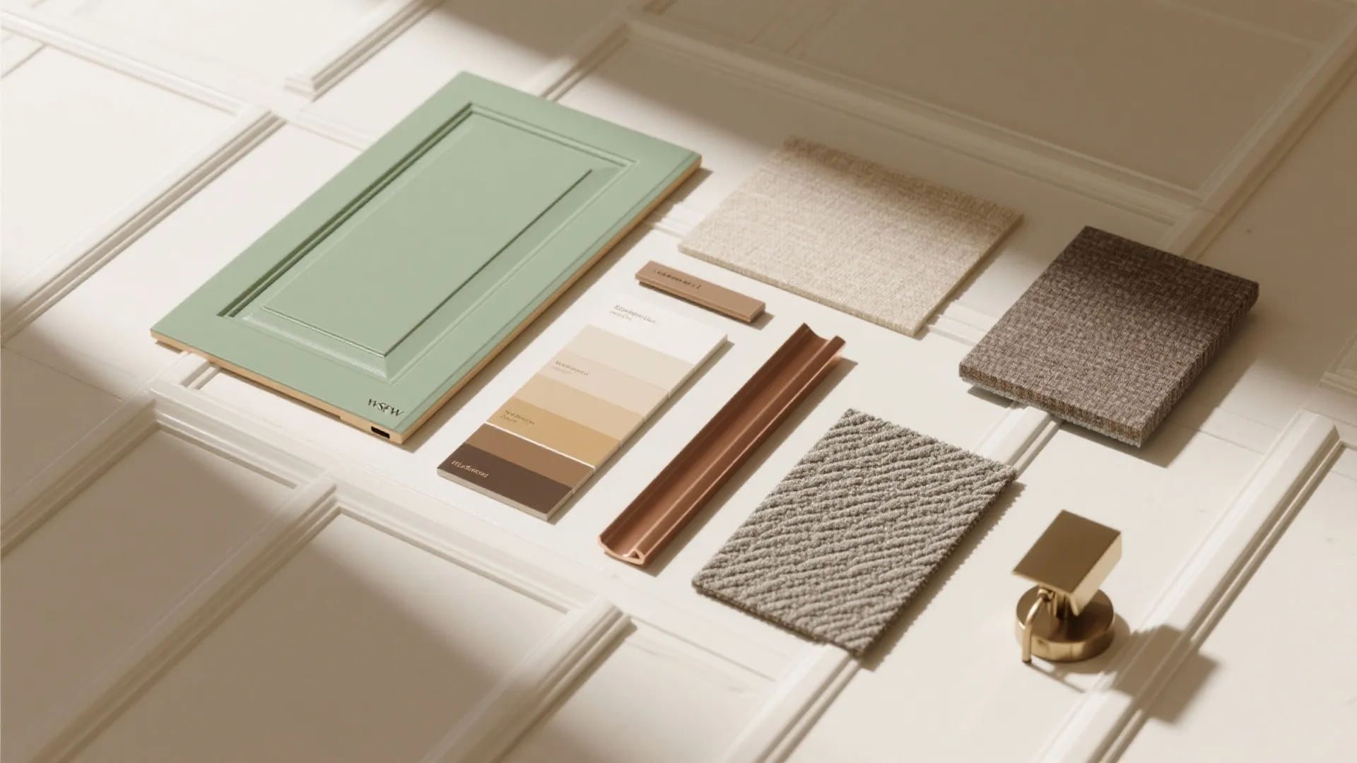 Flat lay of interior design materials featuring green cabinet door fabric and neutral color swatches