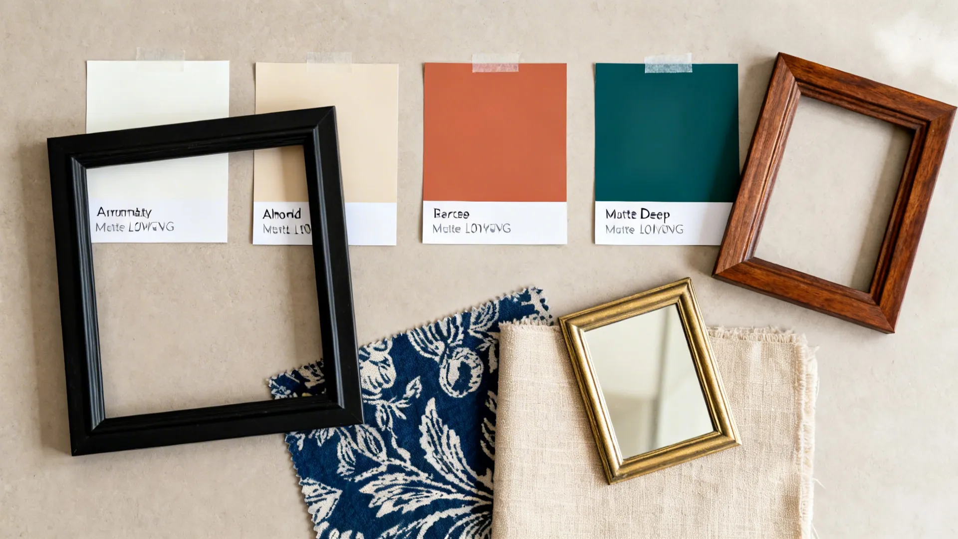 Flat lay of terracotta and neutral paint swatches, frame samples, and indigo textiles.