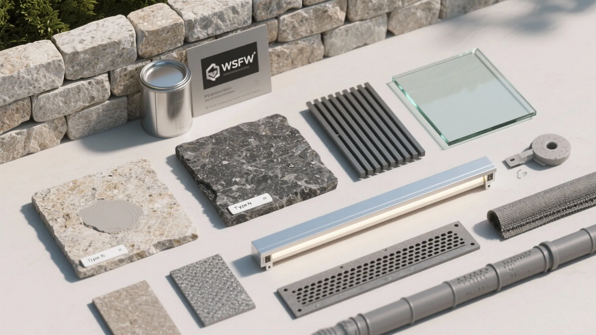 Collection of interior design materials including stone tiles glass metal and a small light fixture
