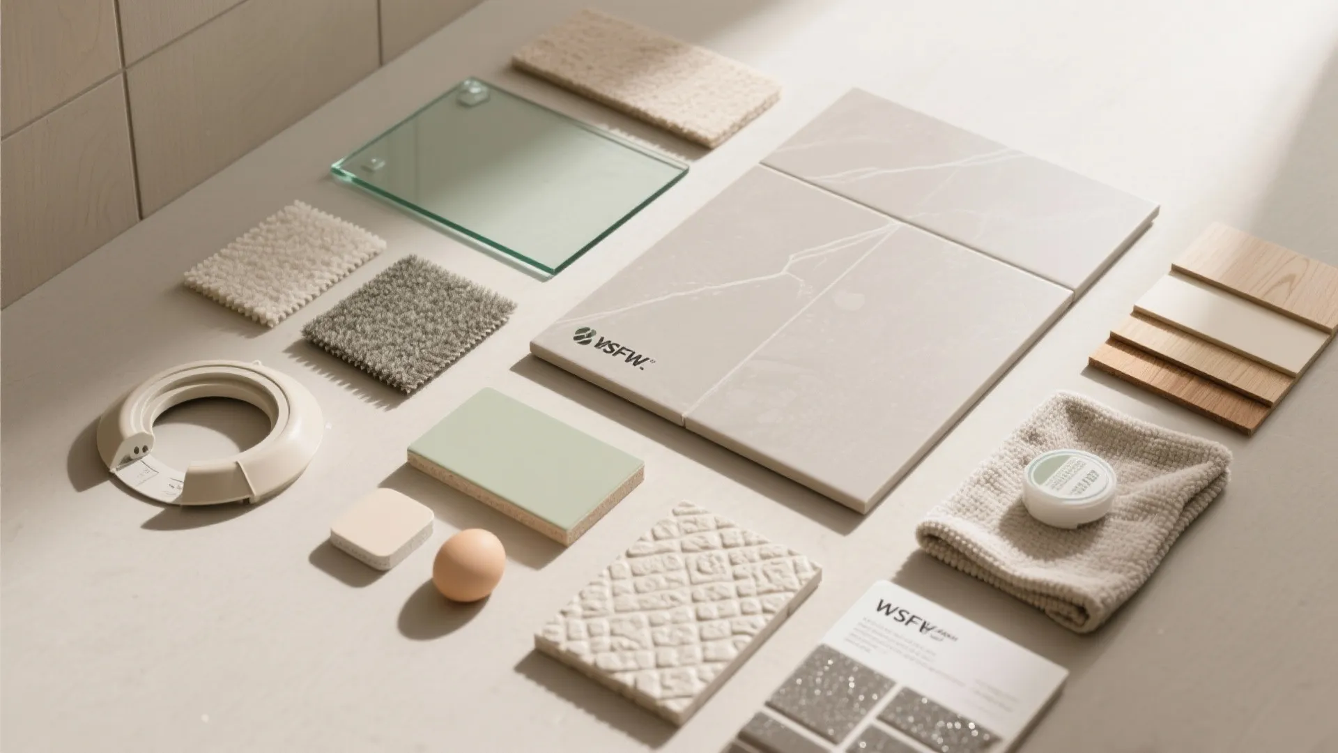 Interior design material samples including tiles, wood, glass, fabric, and stone on a neutral surface