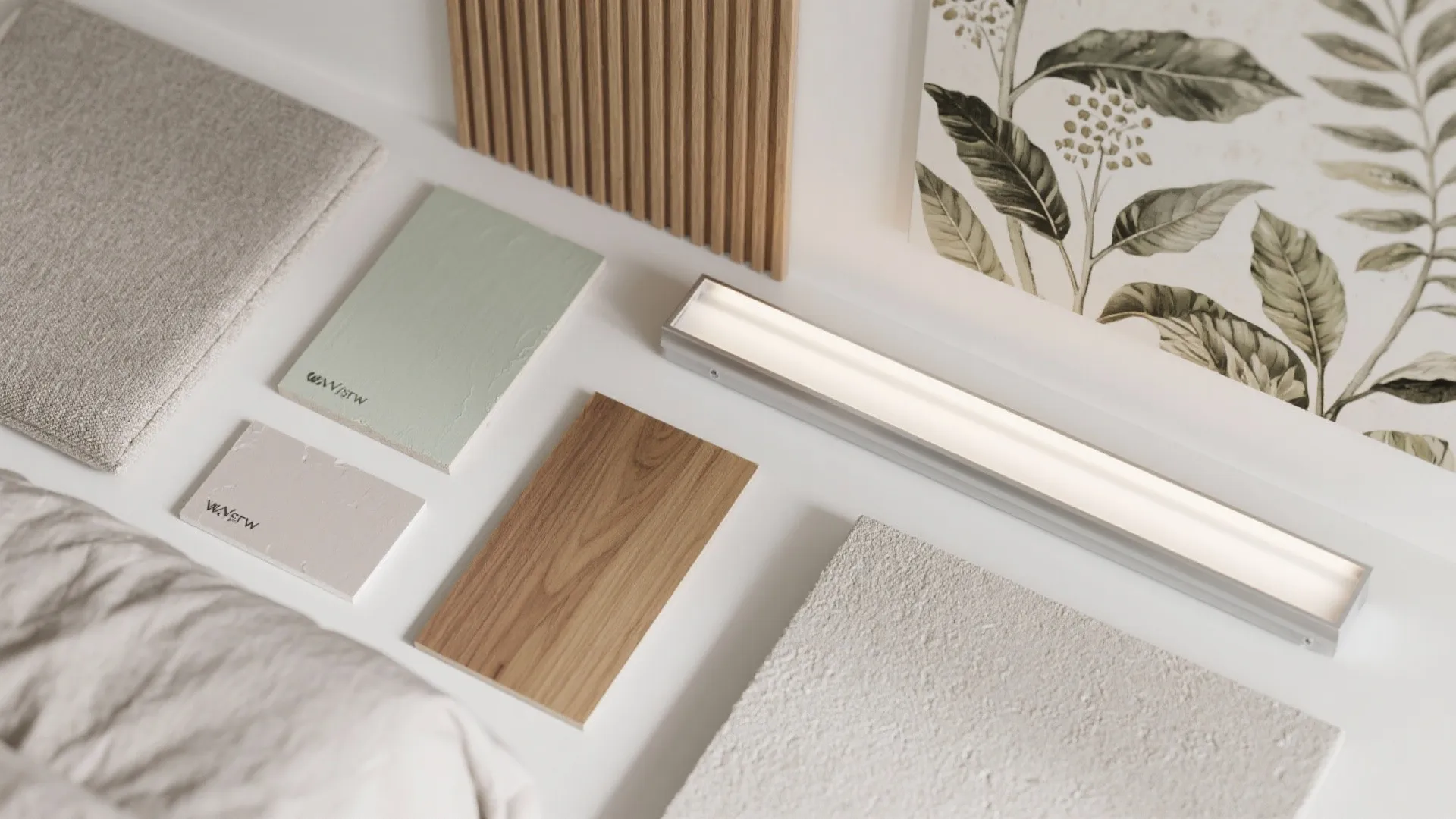 Material board showing wood samples, fabric swatches, paint colors, a light fixture, and botanical art