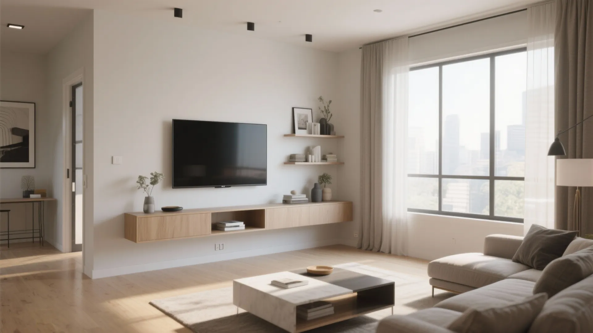 Modern living room featuring wall mounted wooden cabinet under television with floating shelves and large window