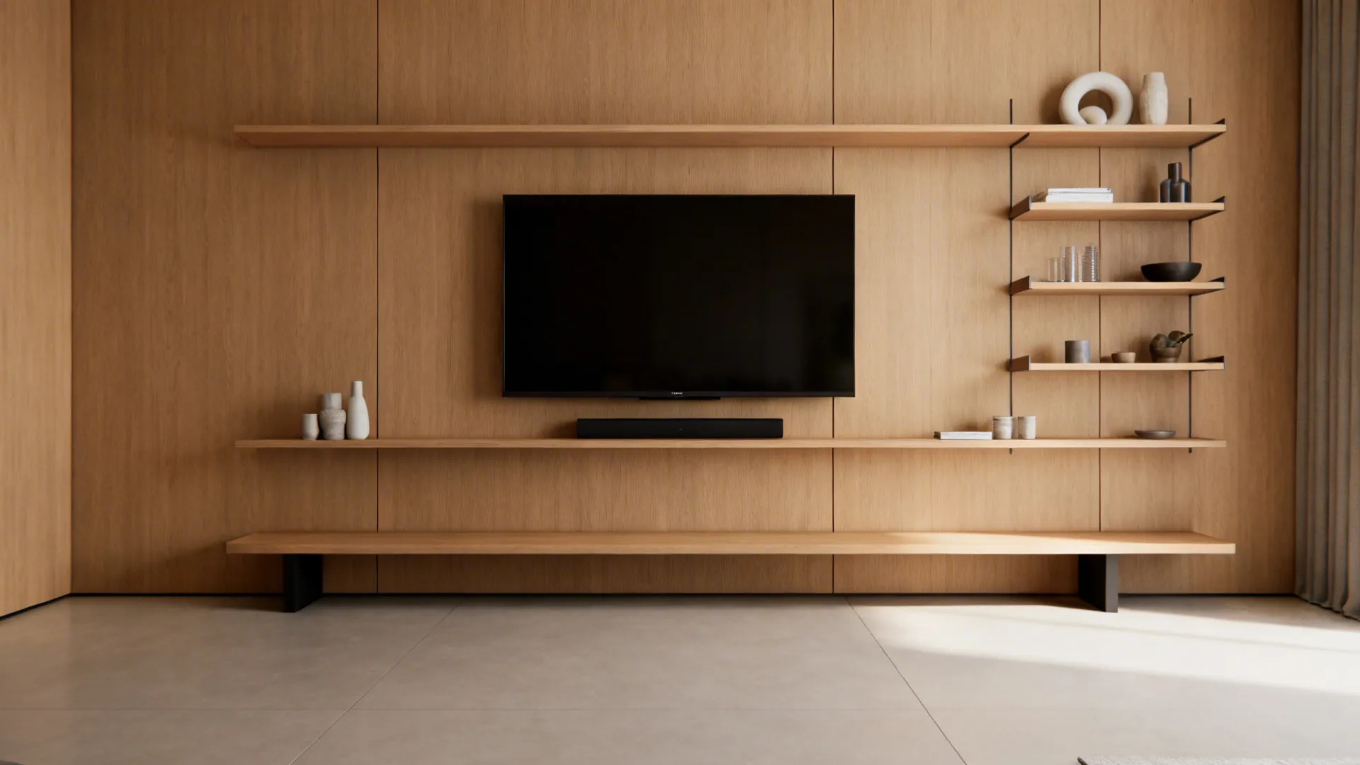 Wall-mounted media console with floating shelves and a slim bench underneath in a small living room.