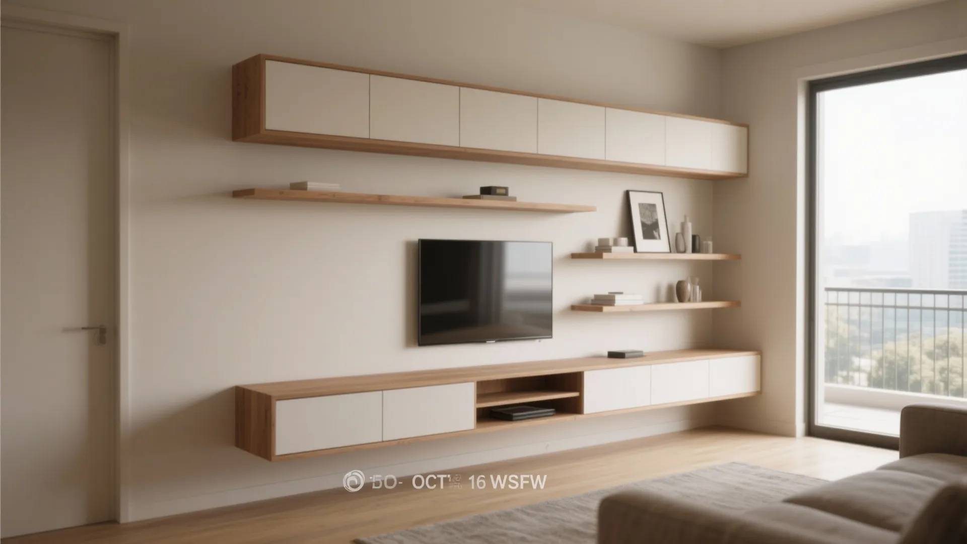 Minimalist living room with wall mounted wooden cabinet television shelving and large window with view