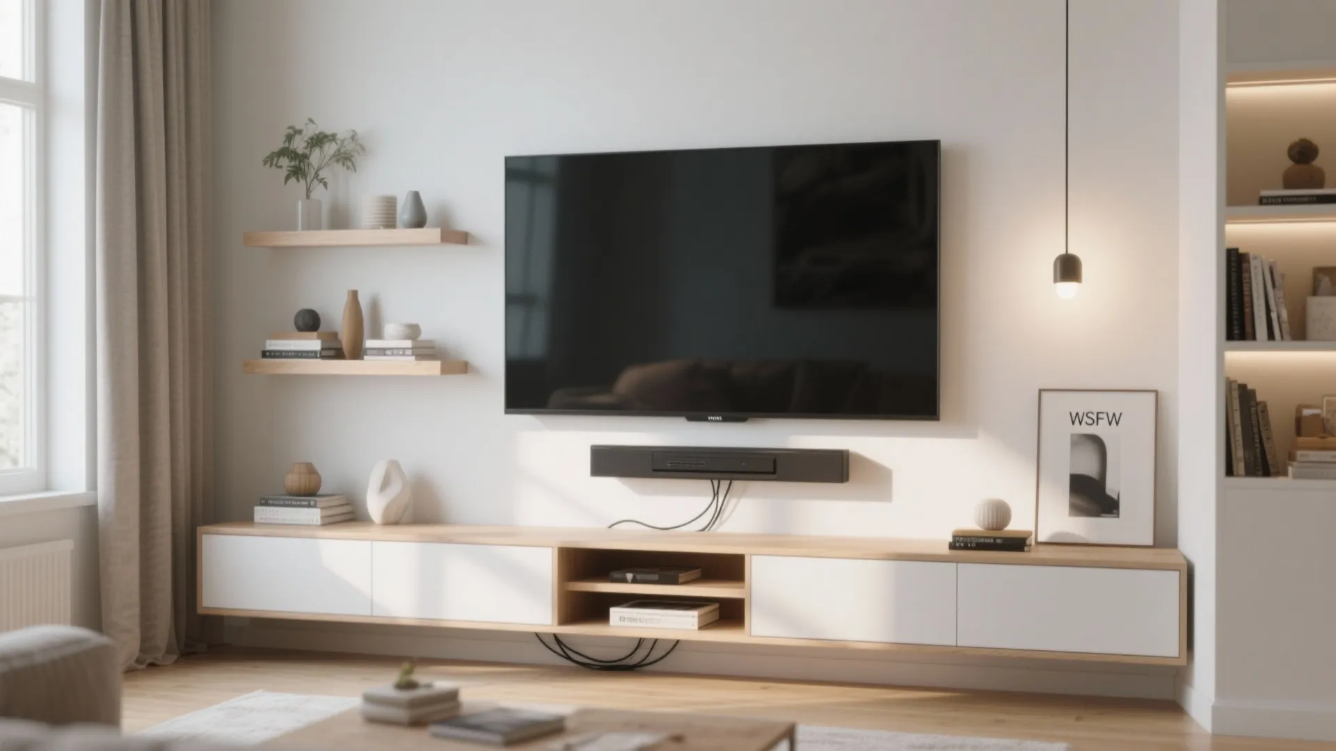Modern TV wall with long wooden cabinet shelves and hanging light in a bright room