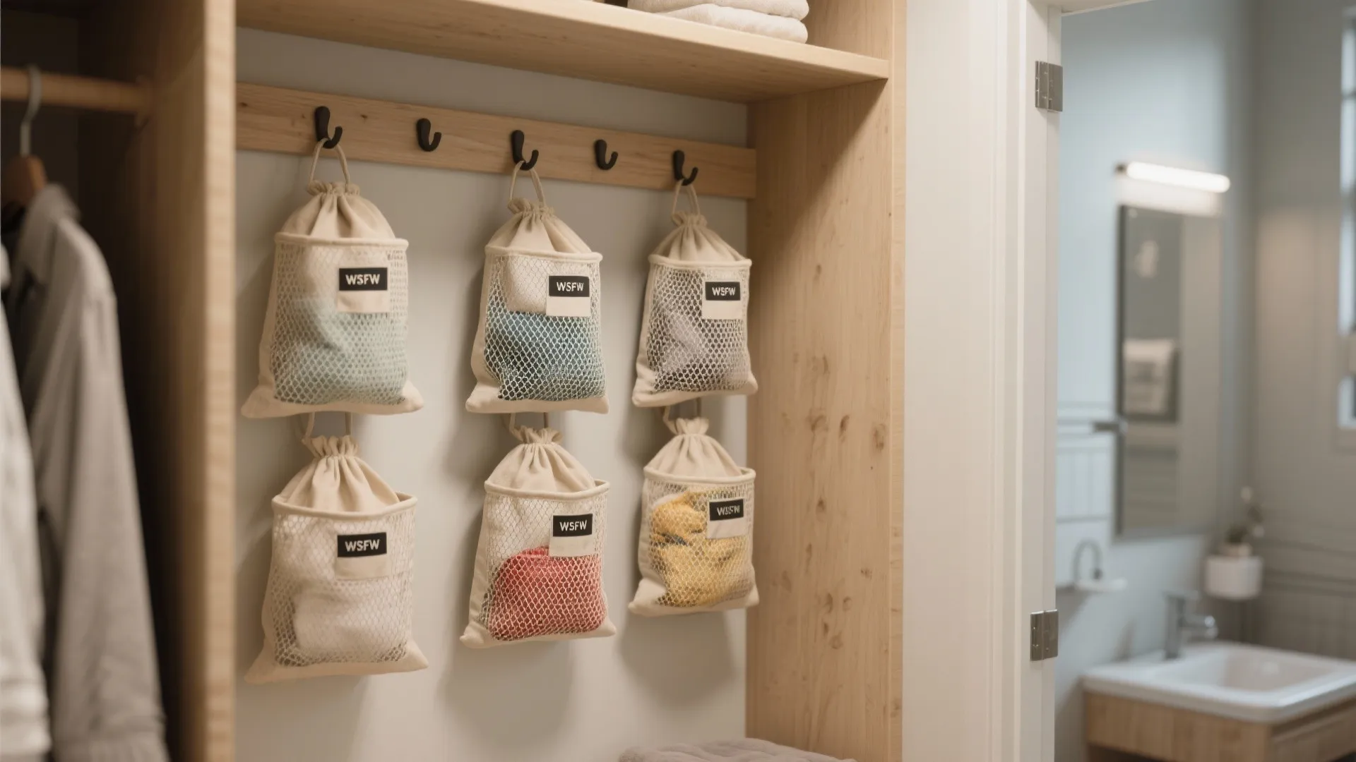 5. Wall-Mounted Mesh Hampers and Hooks