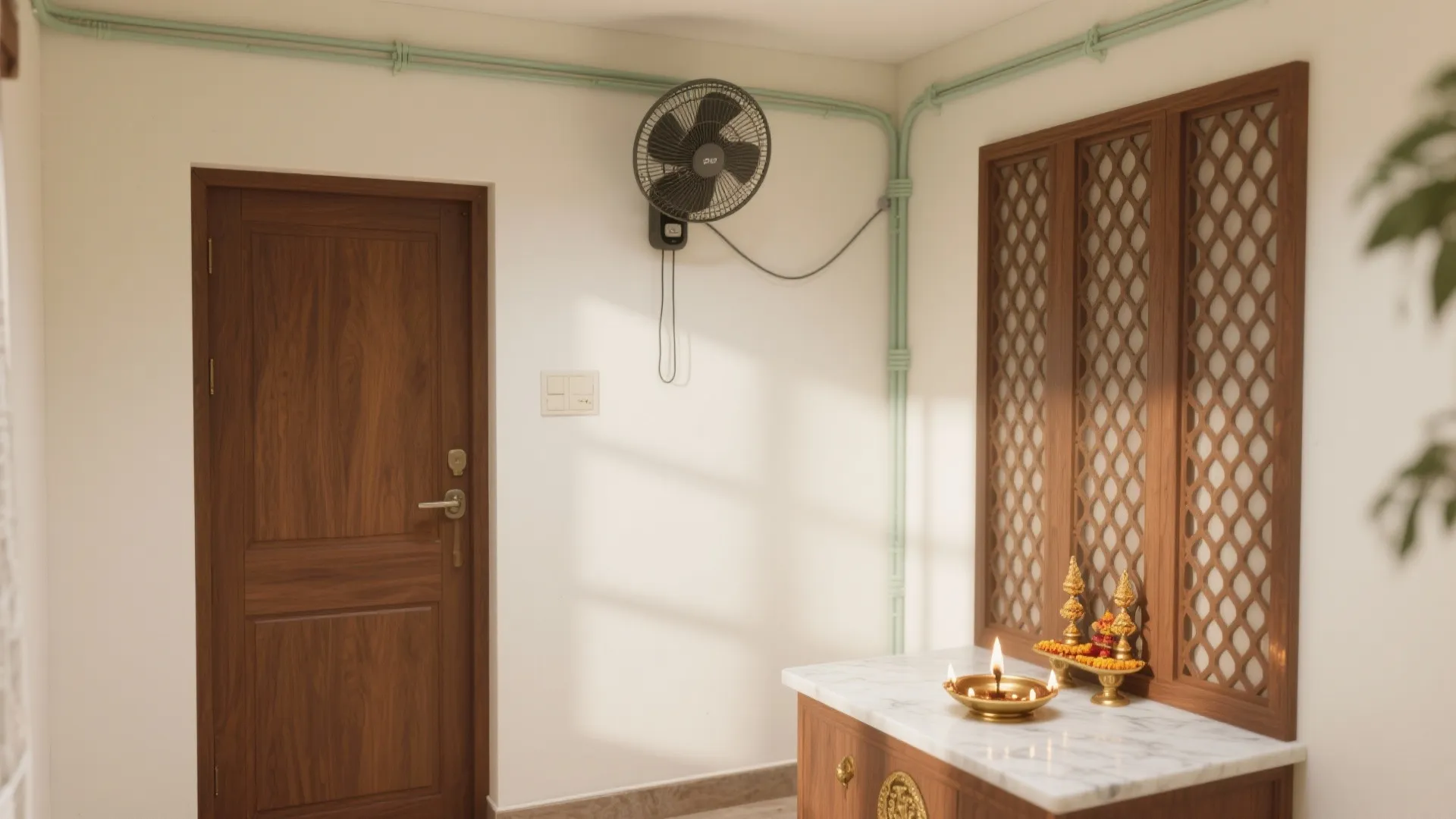 Compact pooja room with a tilted wall-mounted micro fan washing air across a side panel, discreet cable trunking, and a steady diya.