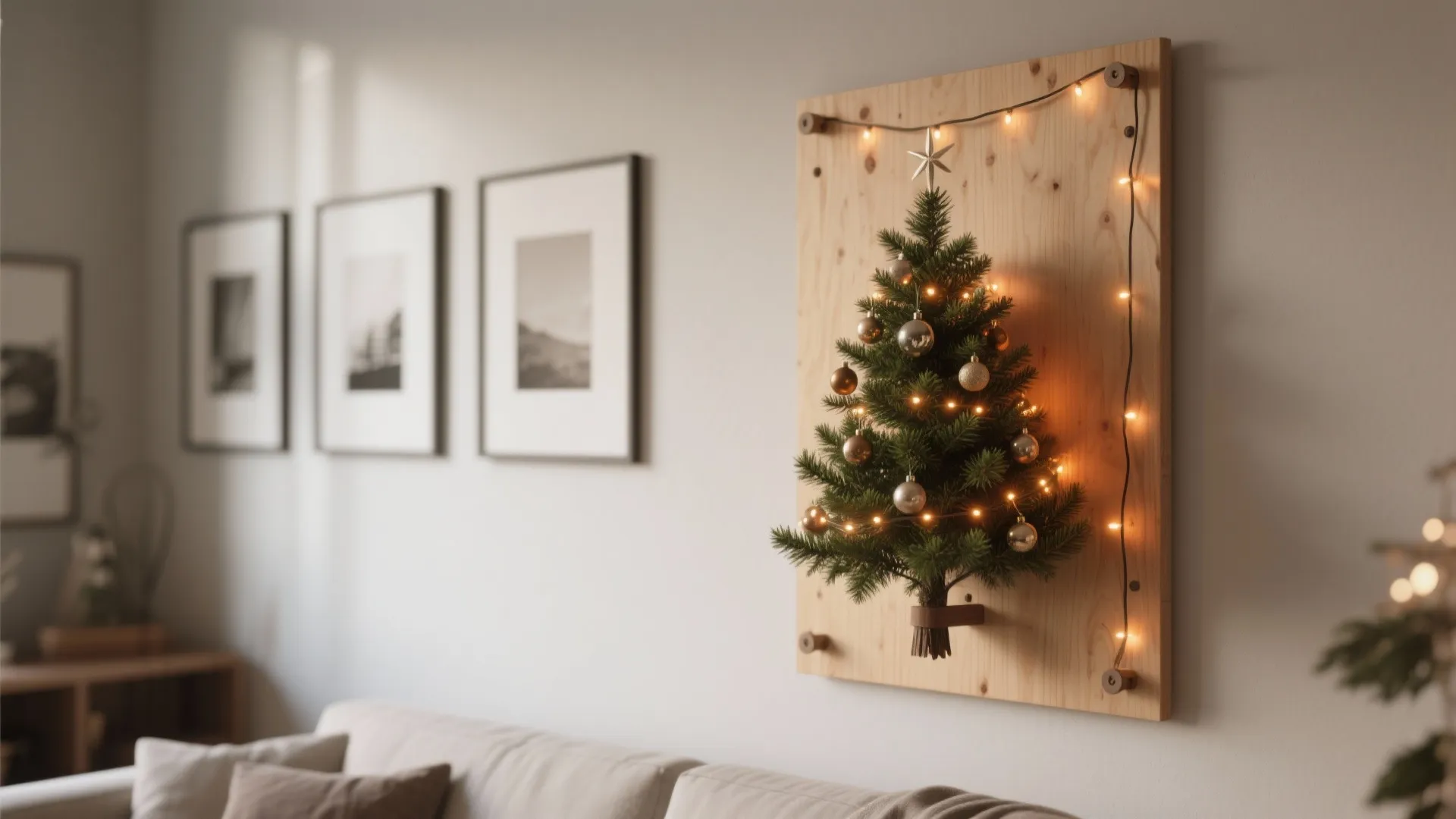 Wall-mounted mini Christmas tree on a plywood panel with small ornaments and warm lights in a minimalist studio.