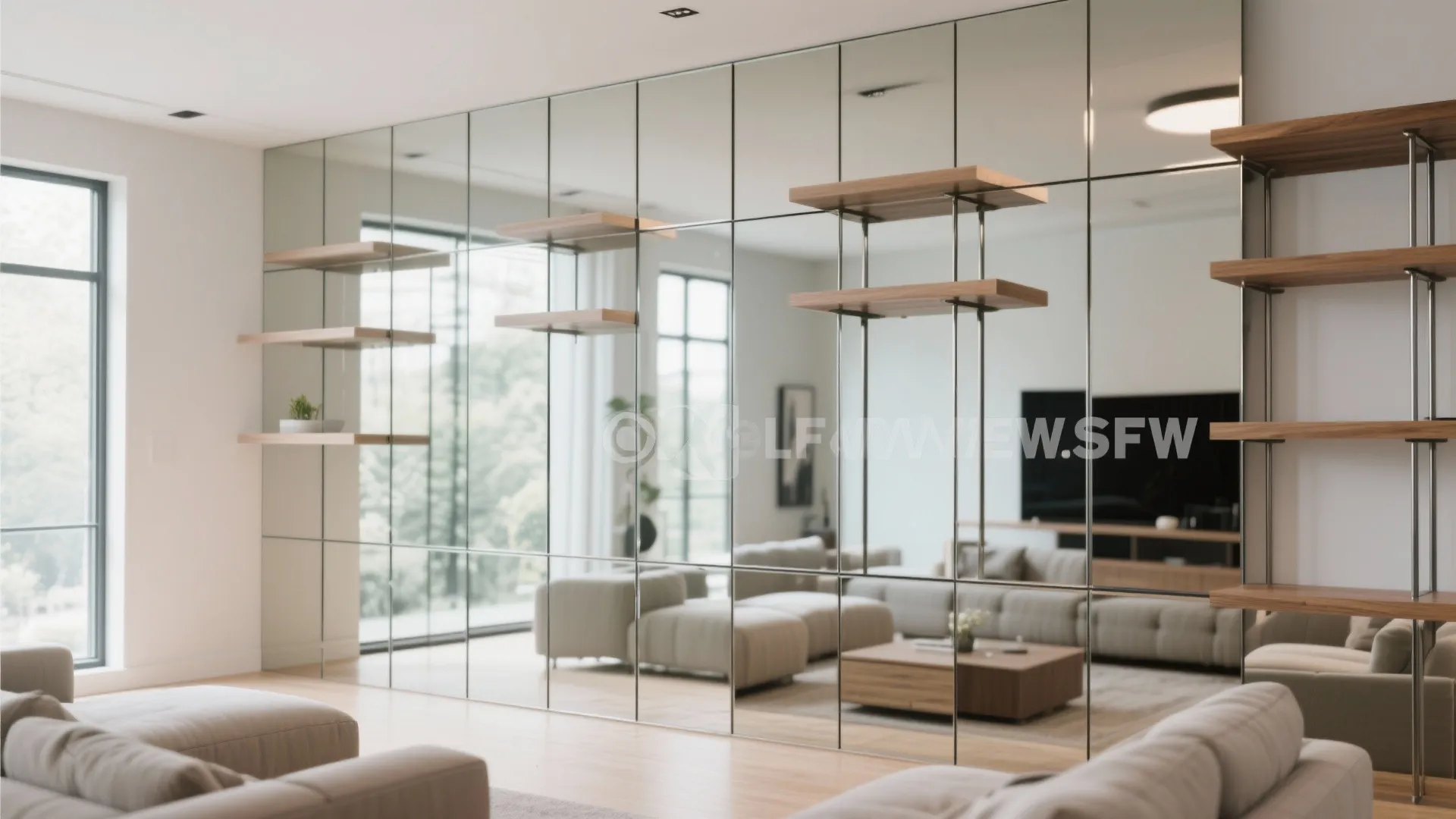 6. Wall-to-Wall Mirror Behind Open Shelving