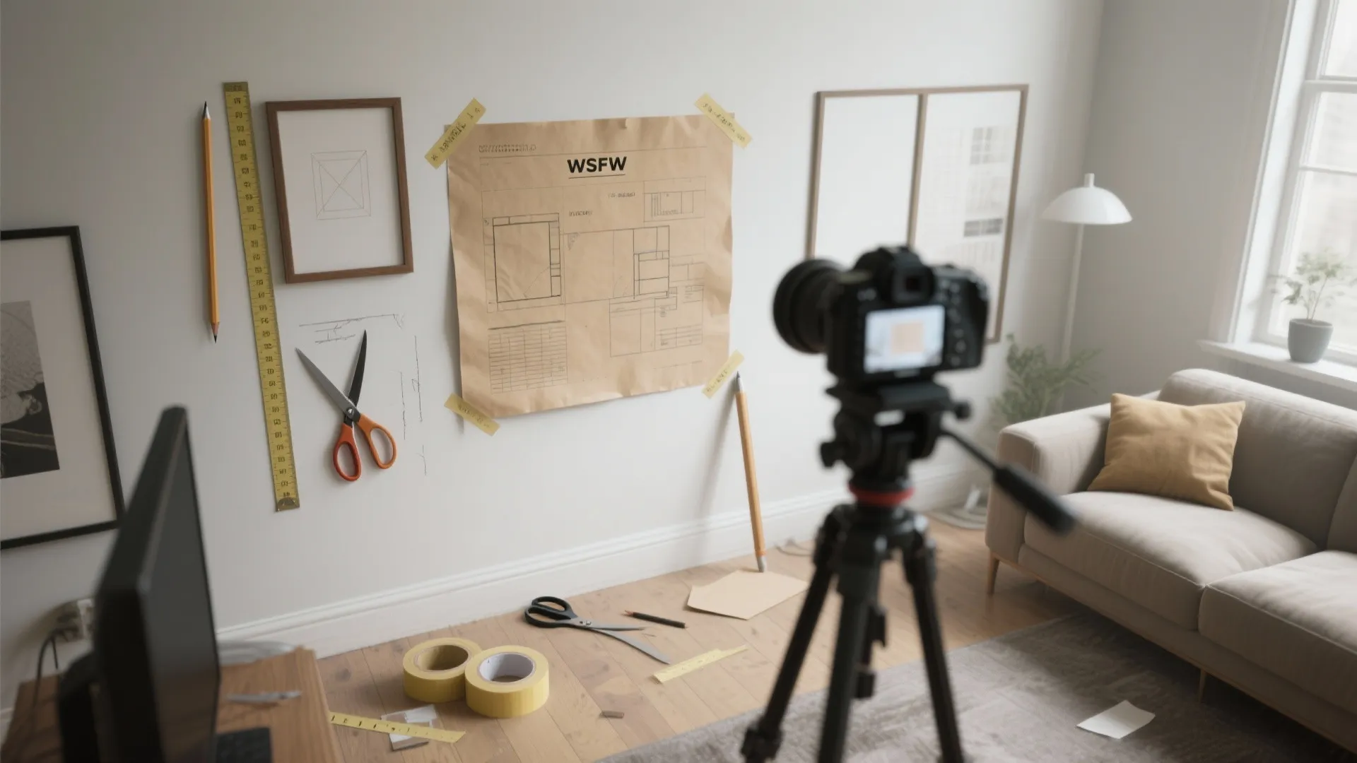 Camera on tripod filming interior design drawing and tools on a bright white studio wall now