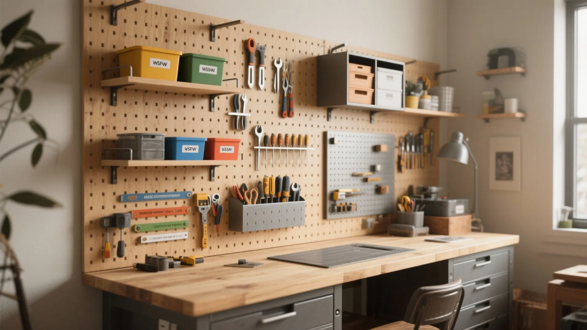 Well organized workshop with tools on a wooden wall panel above a large wood workbench