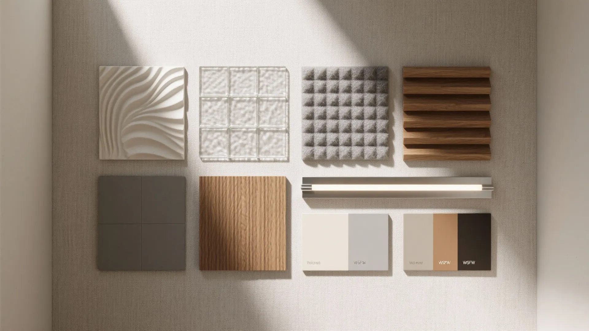 Interior design moodboard with wood samples grey tiles light fixture and various wall panel textures