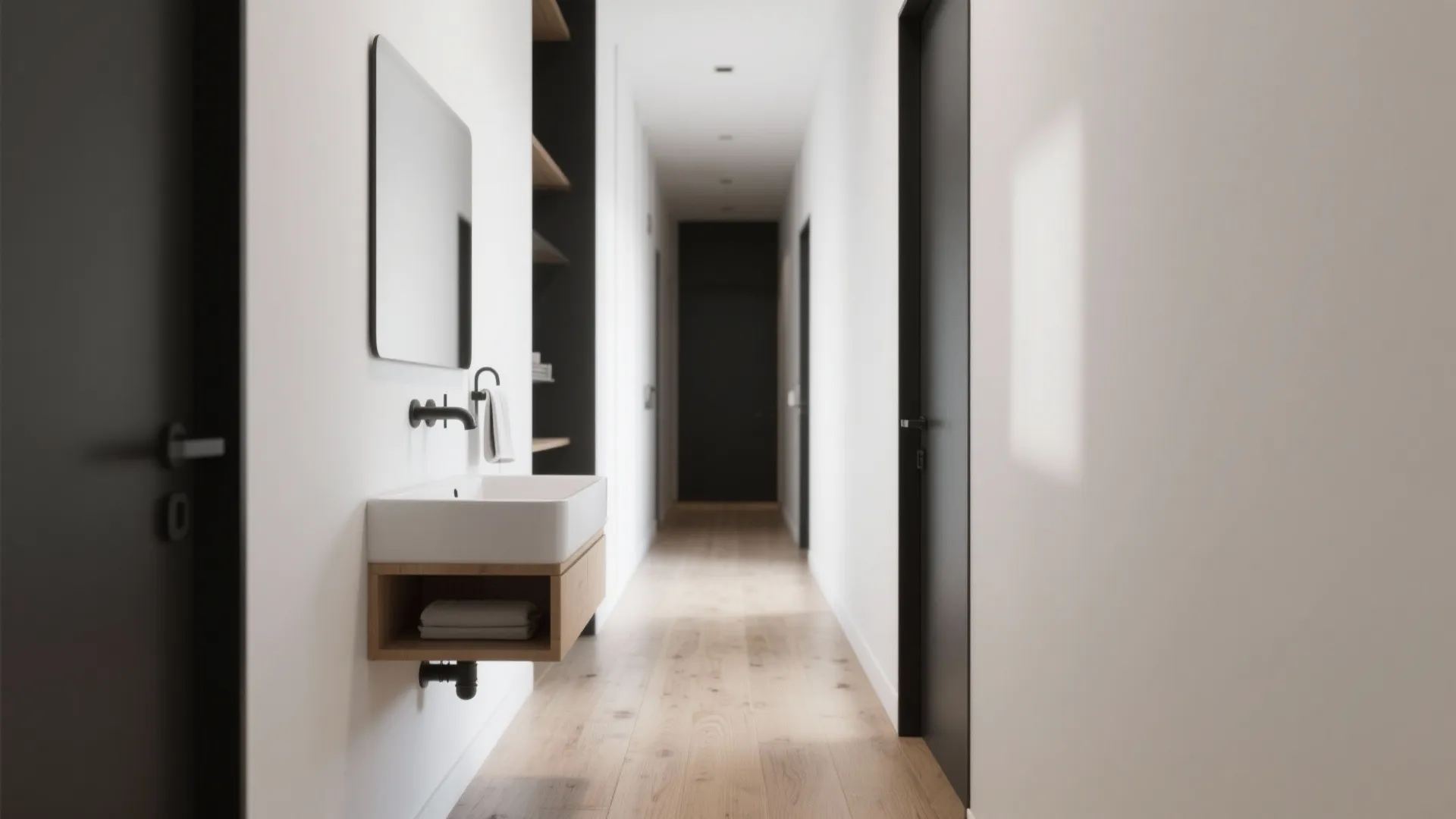 Minimal wall-mounted basin and slim storage