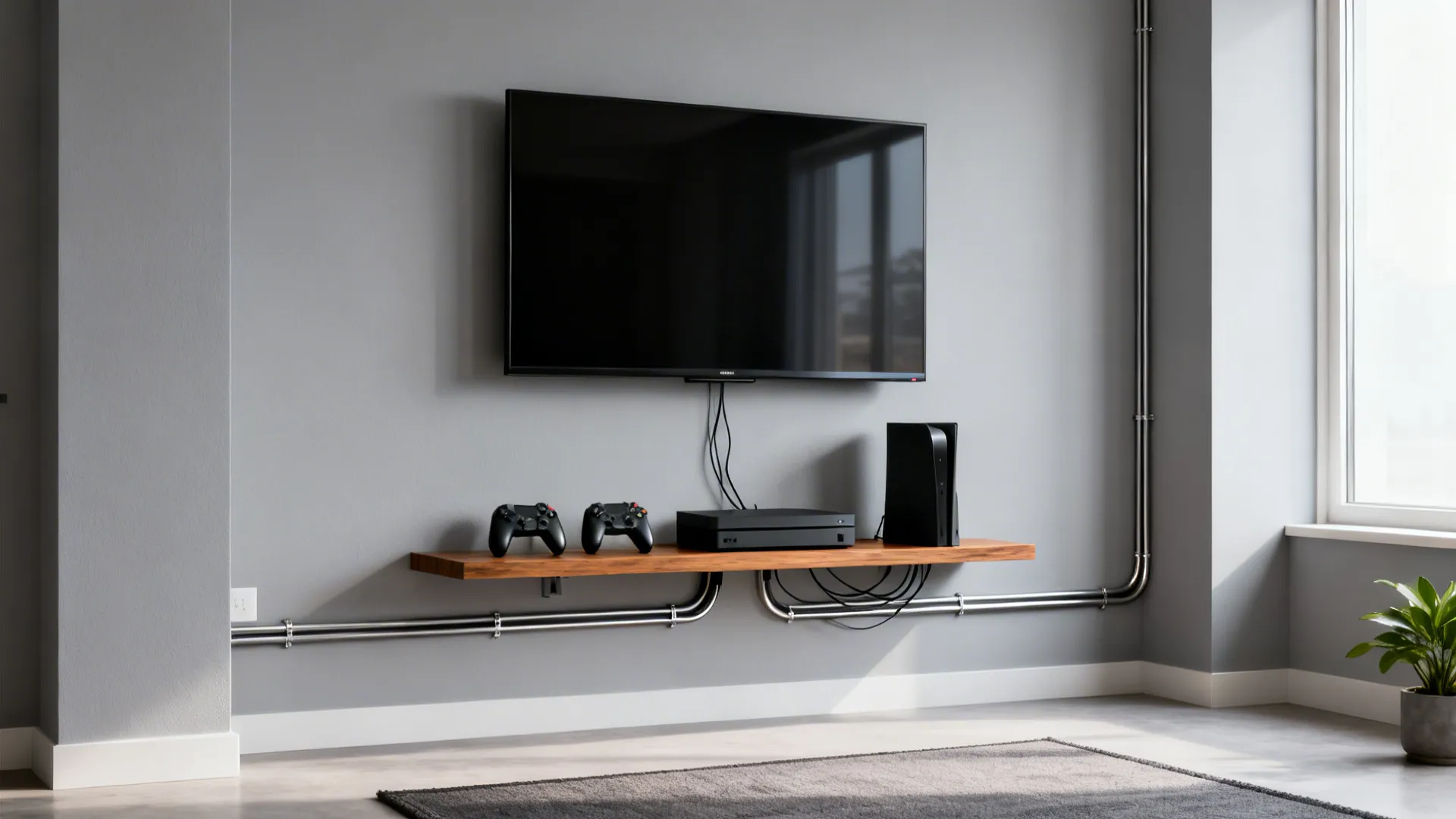 Minimalist wall-mounted TV with hidden cables and a slim floating shelf in a small alcove.