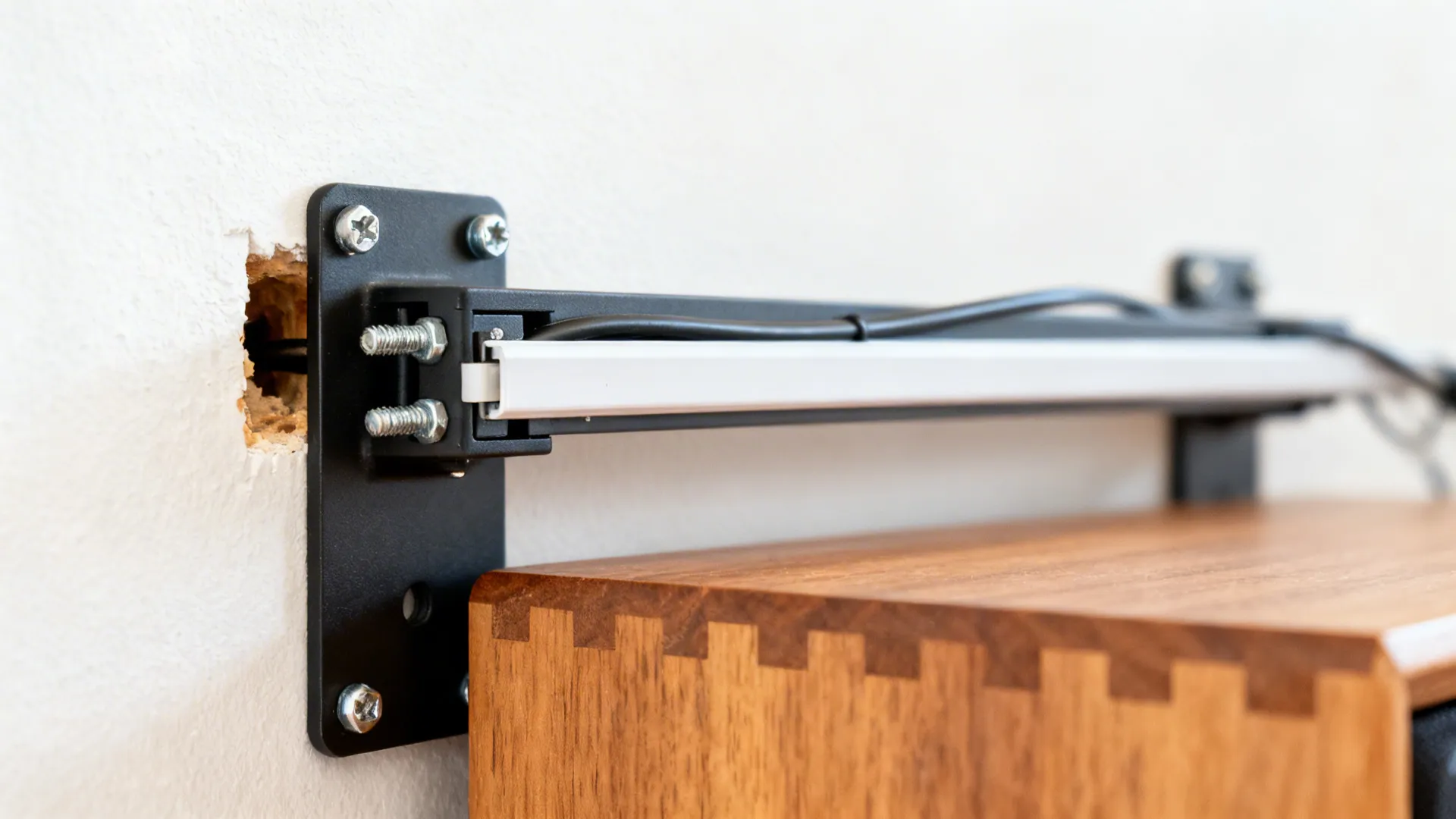 Close-up of a wall-mounted console bracket secured to a stud with a concealed cable track.