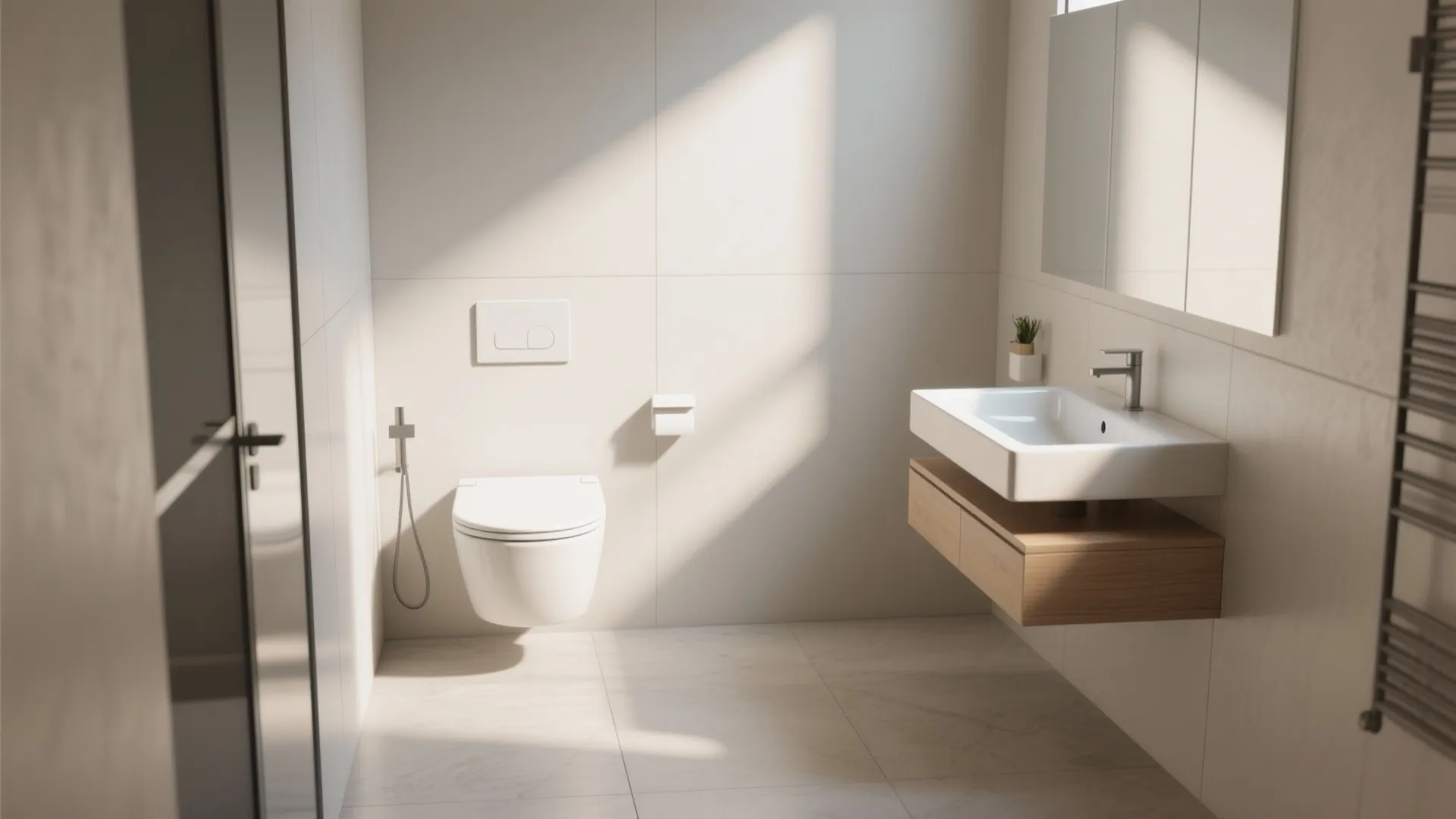 Modern bathroom with wall mounted toilet and wooden floating sink cabinet under warm natural sunlight