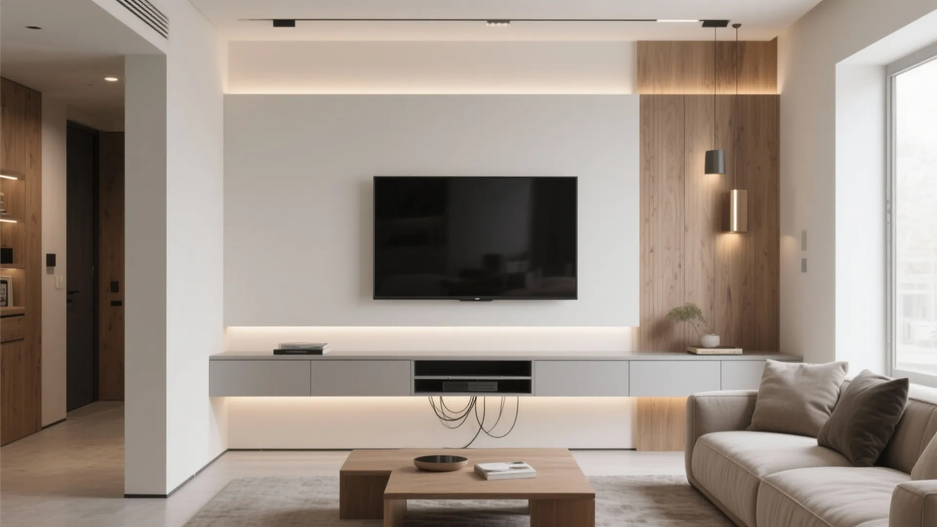 1. Wall-Mounted TV with Floating Console