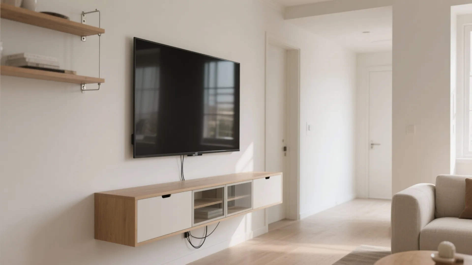 Wall-mounted TV with slim floating storage