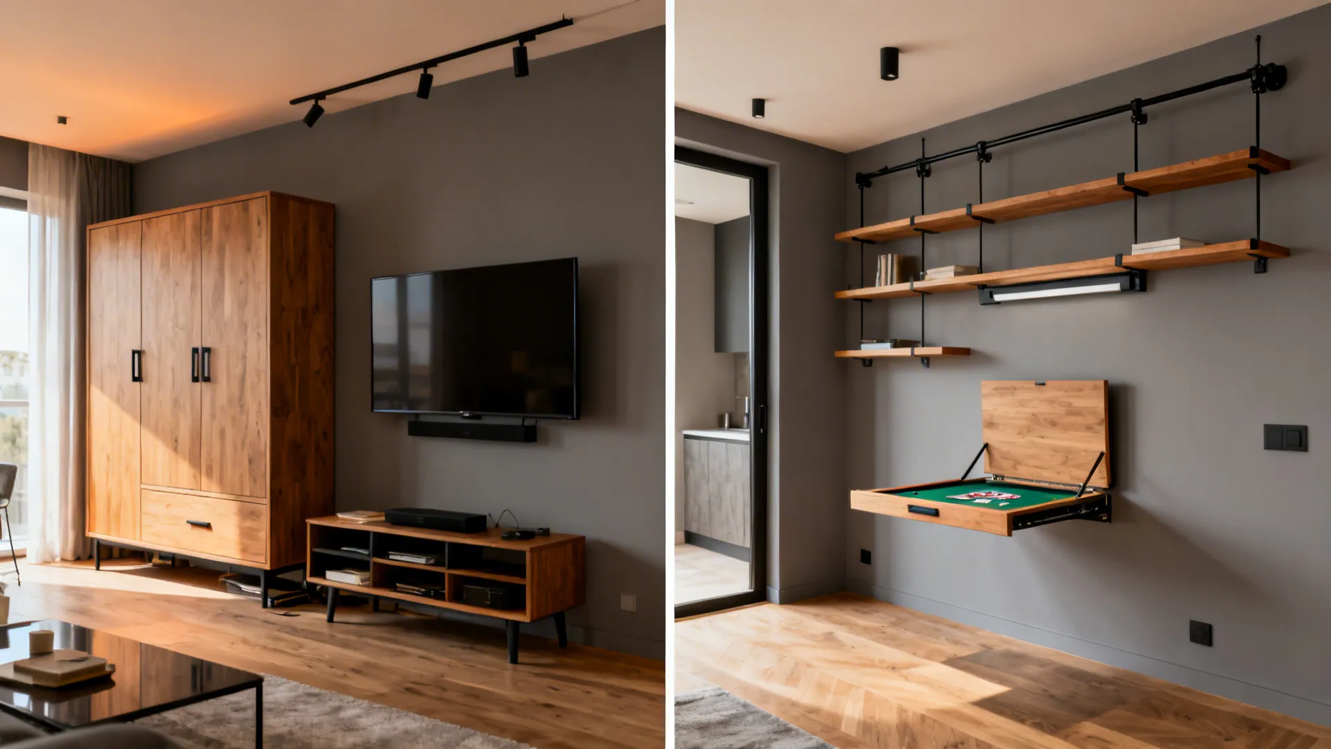 Before-and-after small man cave corner showing bulky storage replaced by wall-mounted TV, track shelves, and a fold-down desk.