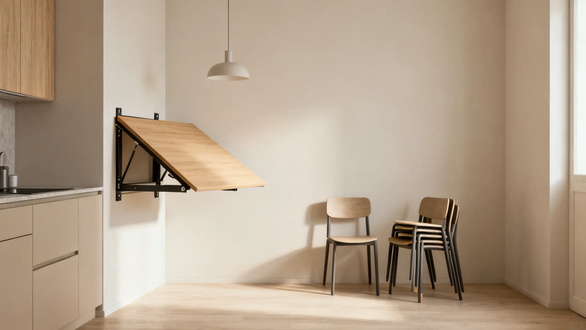 Wall-mounted flip-up dining table with two stackable chairs in a tiny kitchen.