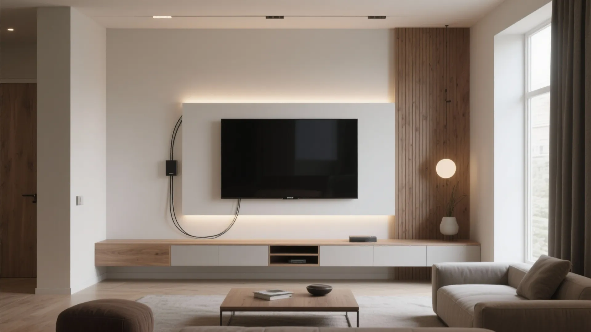 Wall mounted television with backlight on white panel above long wooden cabinet in living room interior