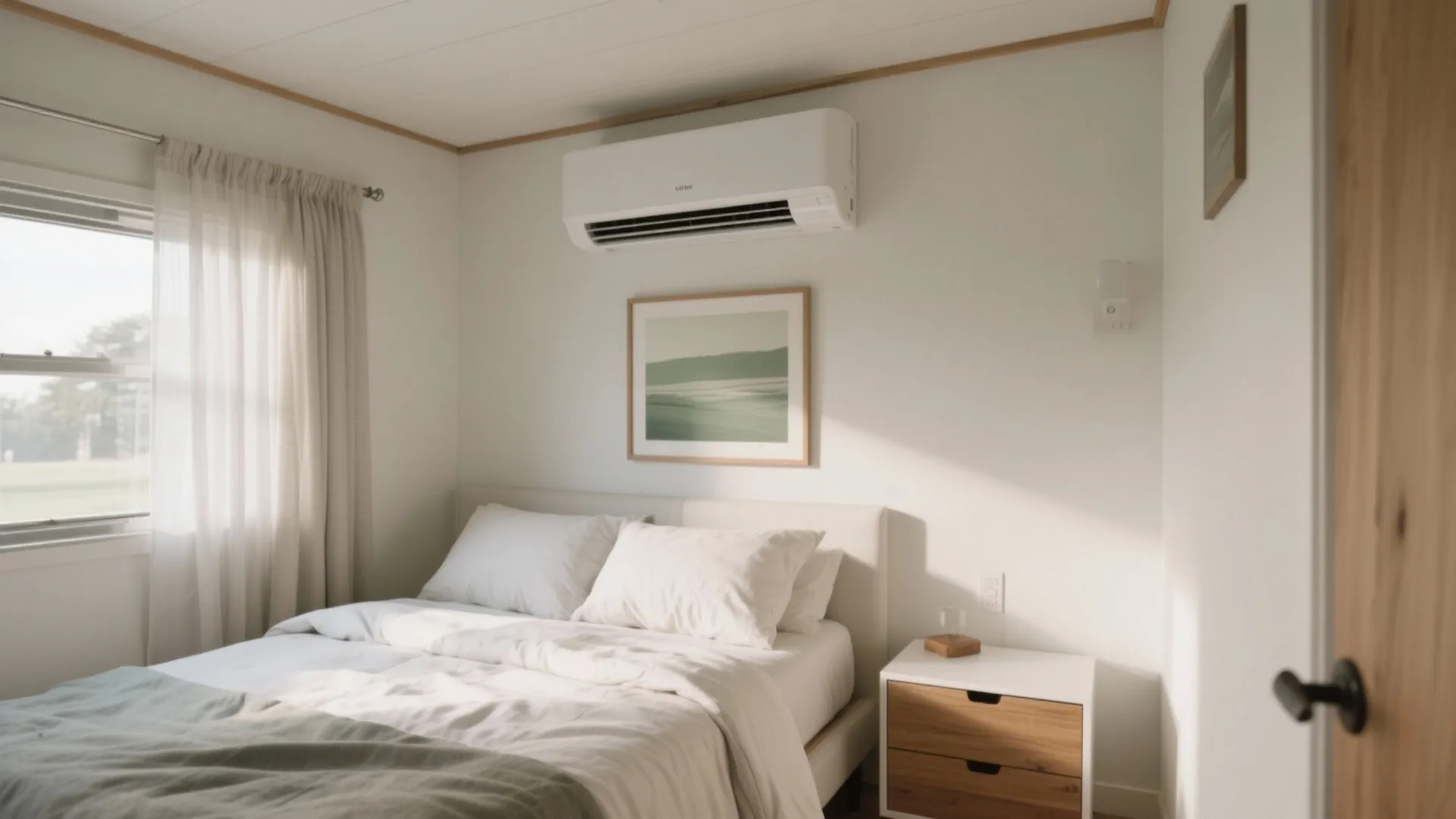 Small bedroom with mini split mounted above sightline, centered, clear airflow and calm neutral decor.
