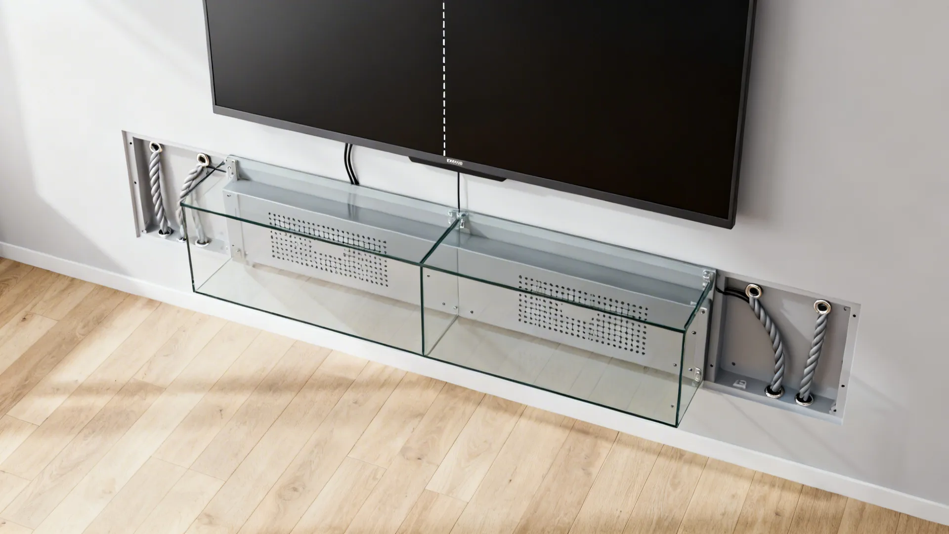 2) Wall-mounted glass-front media cabinet