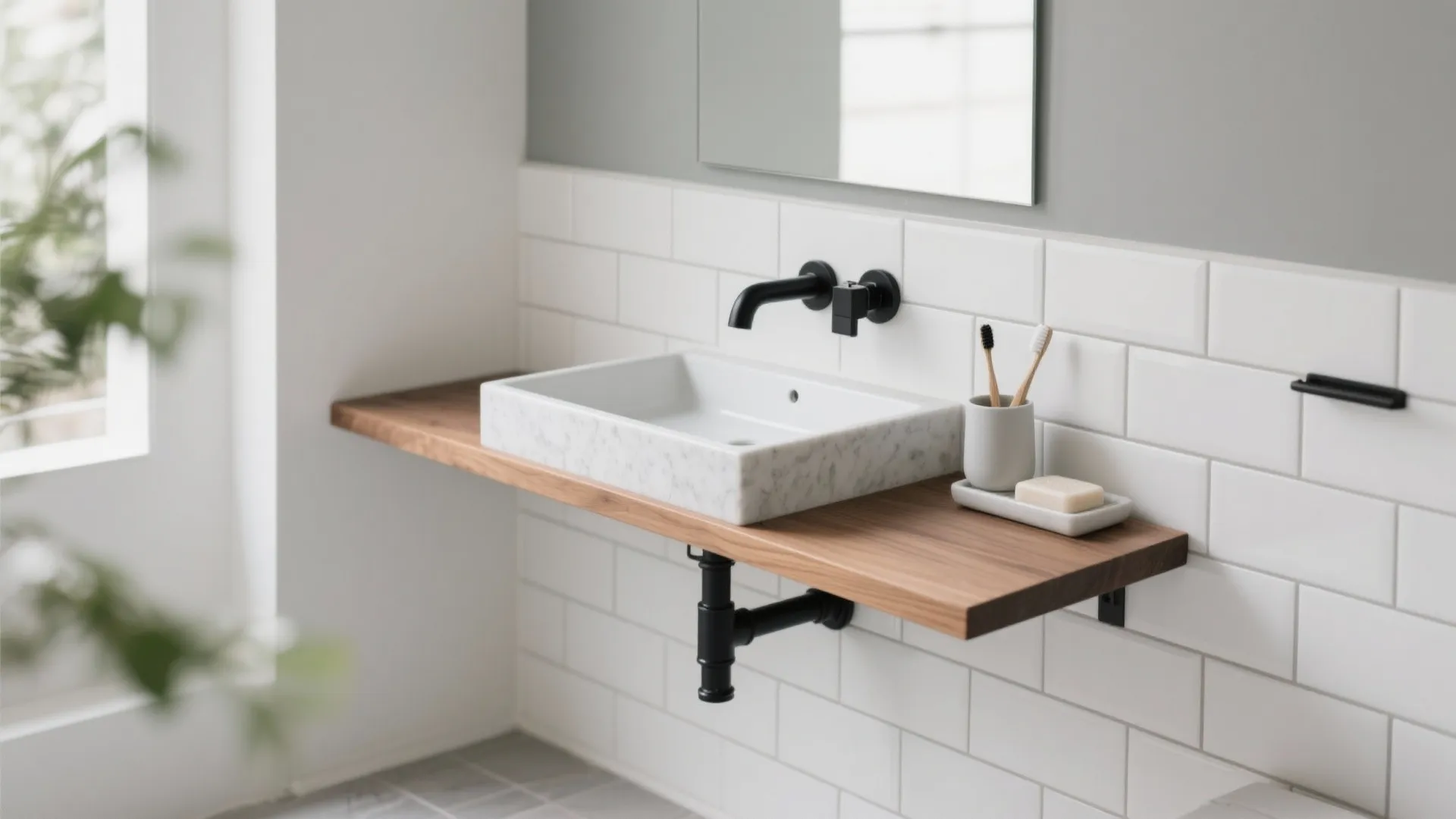 Wooden floating shelf with white marble sink black wall tap and white subway tile bathroom wall
