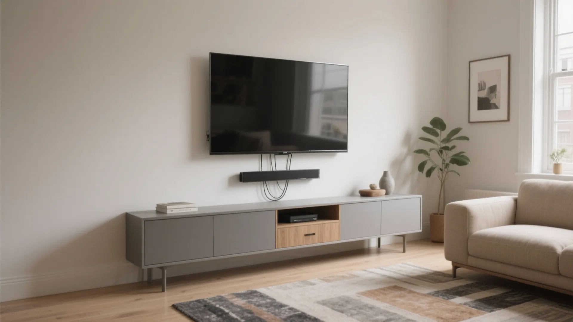 Minimalist living room featuring grey cabinet with wall mounted television screen and simple indoor potted plant