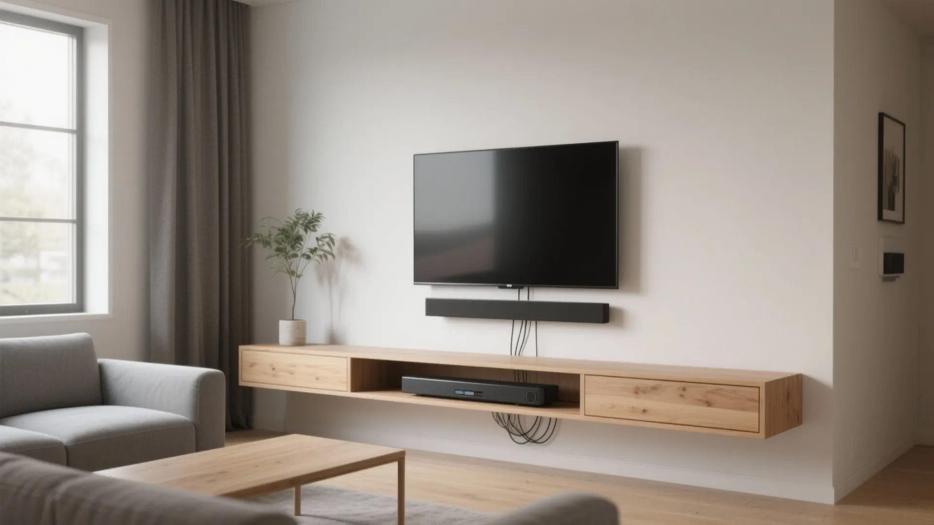 Wall-mounted TV above a low console