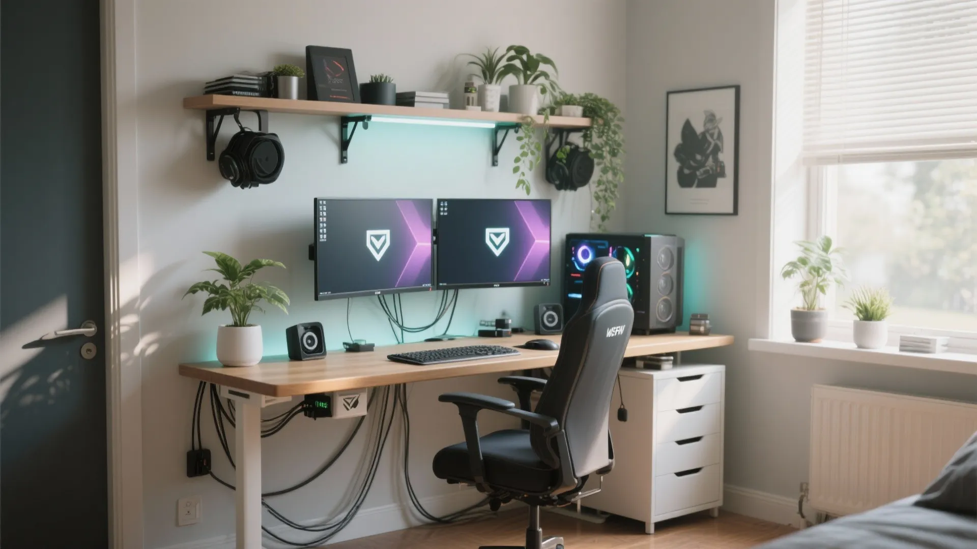 Gaming desk with minimal clutter and dual wall-mounted monitors