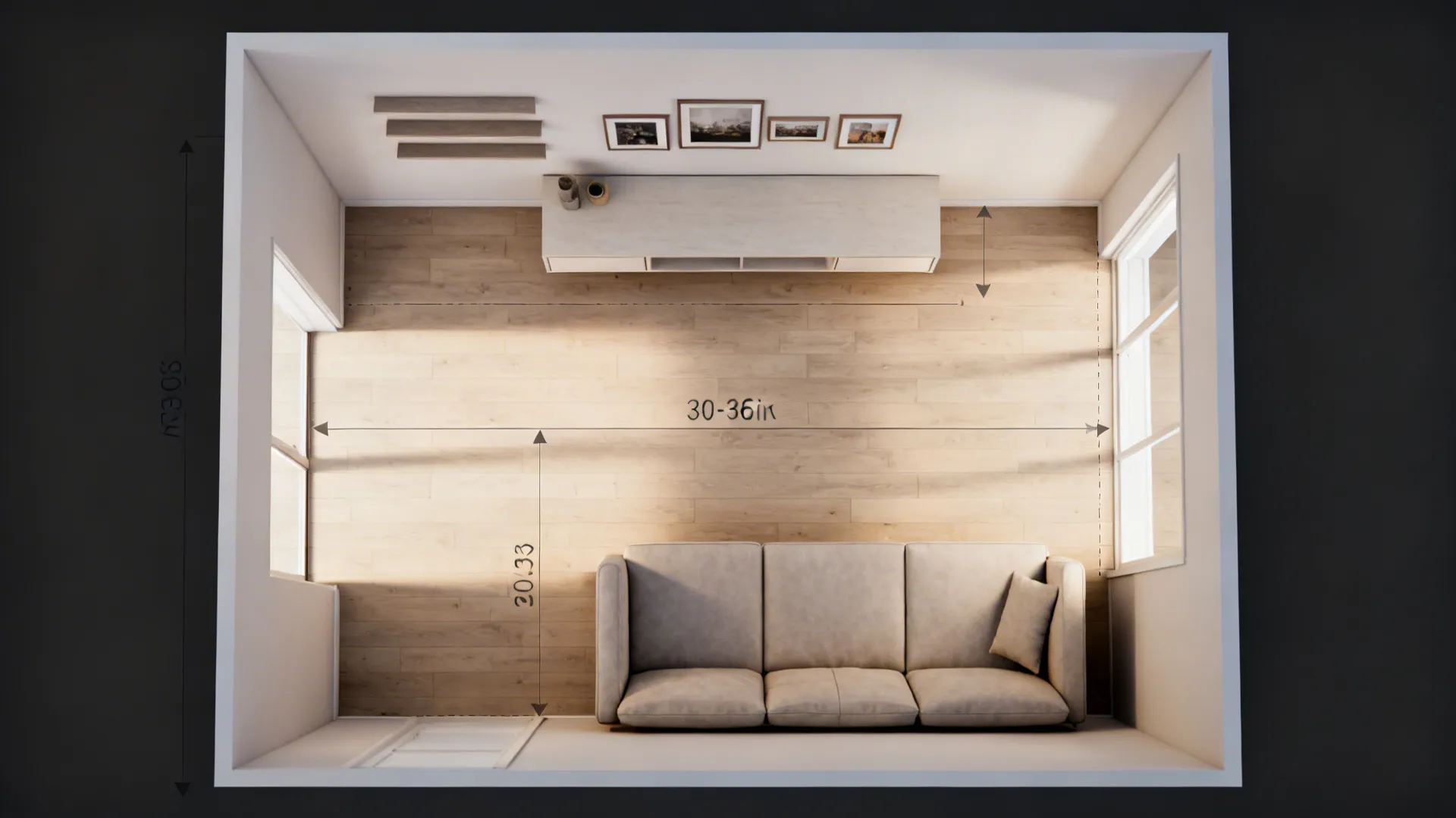 Top-down layout showing floating console and shelves with clear circulation paths.