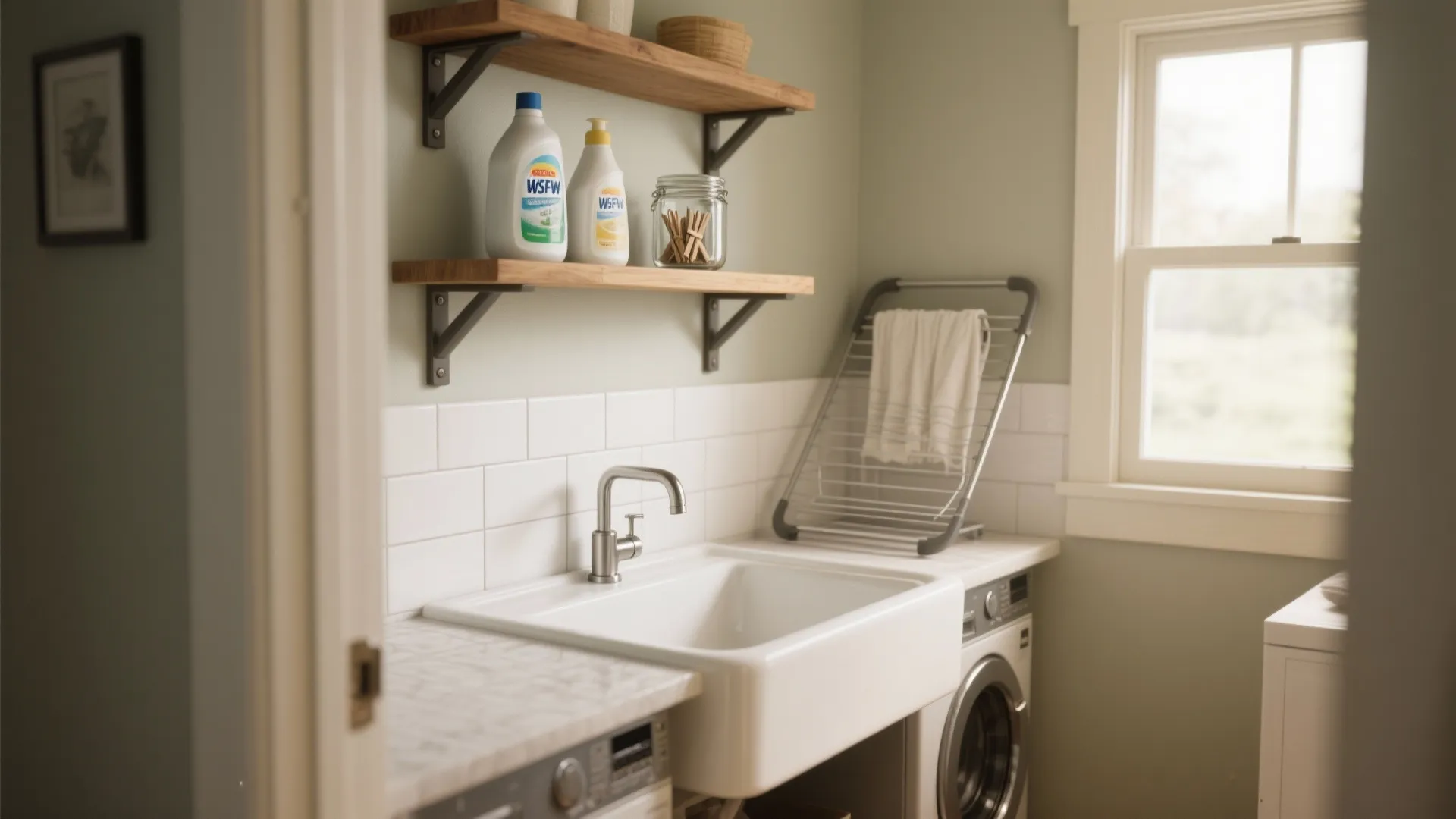 Laundry room with white sink washing machine wooden shelves green walls and large bright window